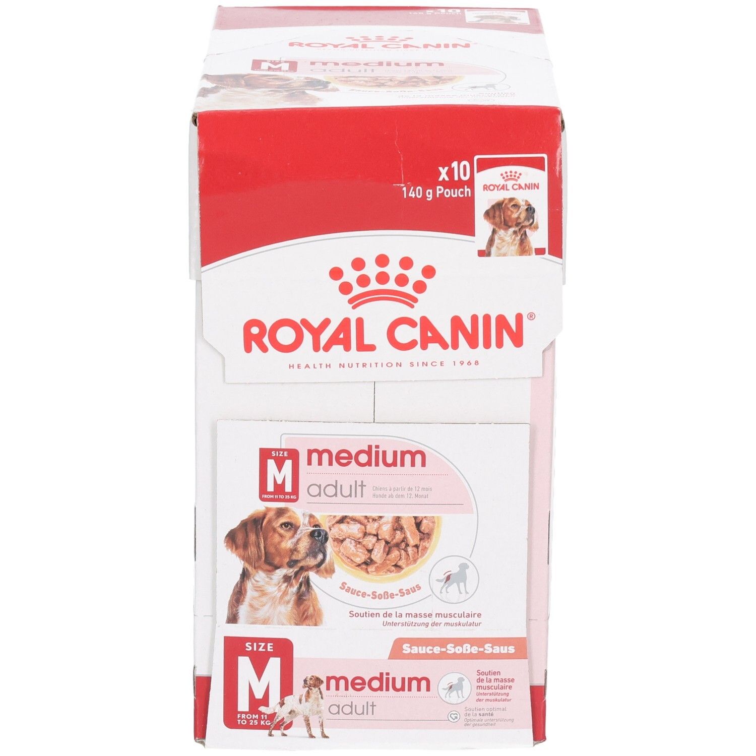 Royal Canin Medium Adult Hundefutter-Box, 10x140g Beutel. Vorderseite mit Hundebild und Produktinformationen.