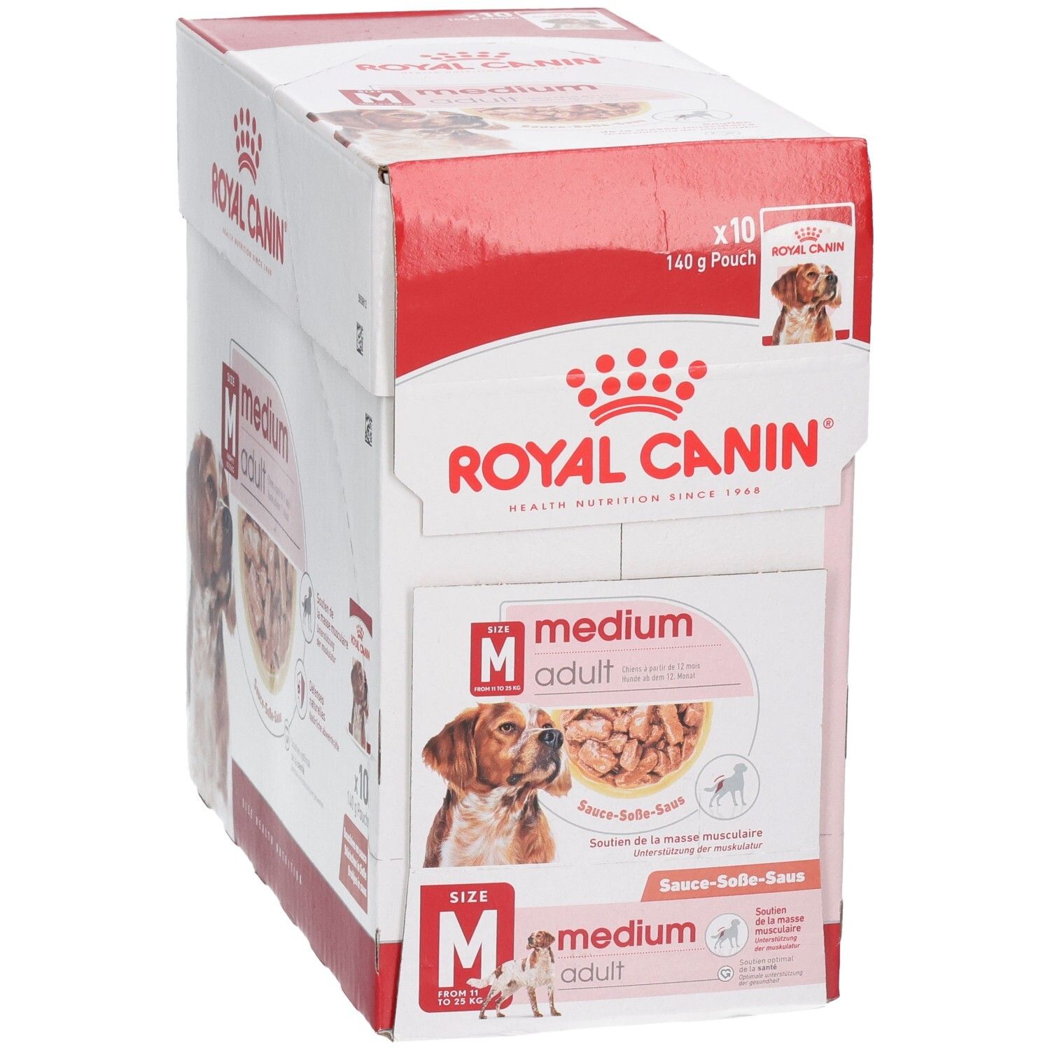 Royal Canin Medium Adult Hundefutter-Box, 10x140g Beutel. Schrägansicht mit Fokus auf die Vorder- und Seitenverpackung.