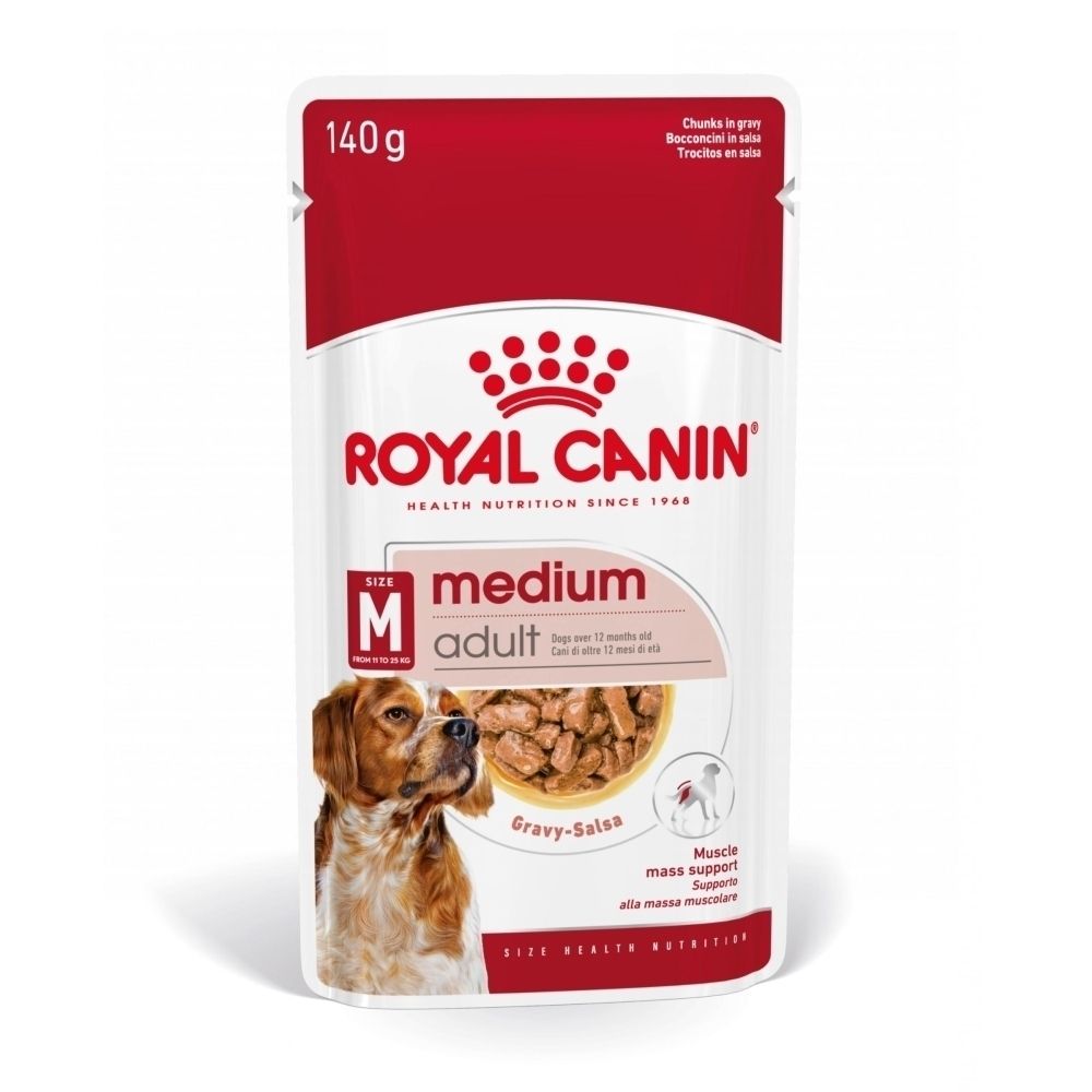 Royal Canin Medium Adult 140g Beutel mit Hundefutter in Soße.