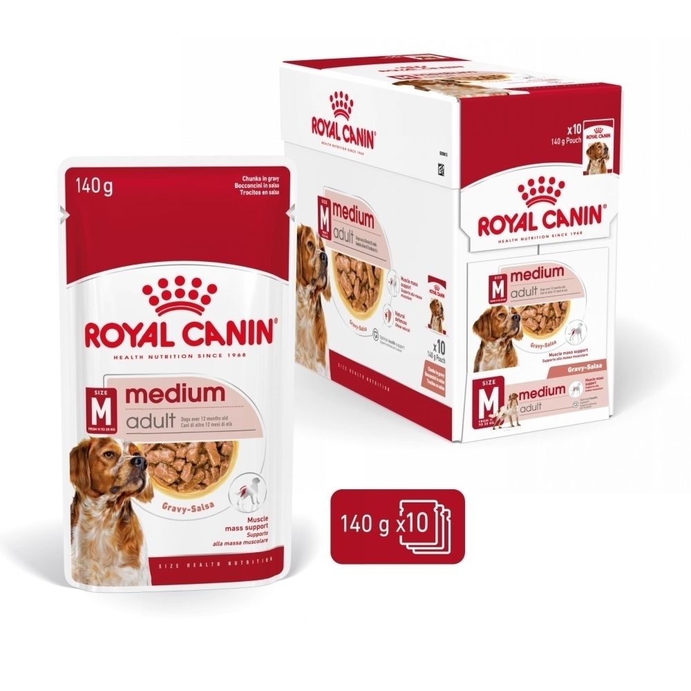 Royal Canin Medium Adult Hundefutter in 140g Beutel und 10er Packung. Rote und weiße Verpackung mit Hundebild.