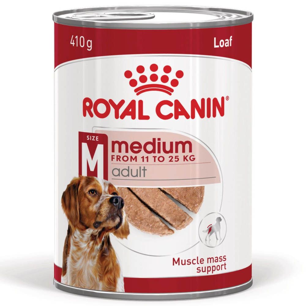 Une boîte de Royal Canin SHN Medium Adult Mousse, 410g, avec image de chien et texte.