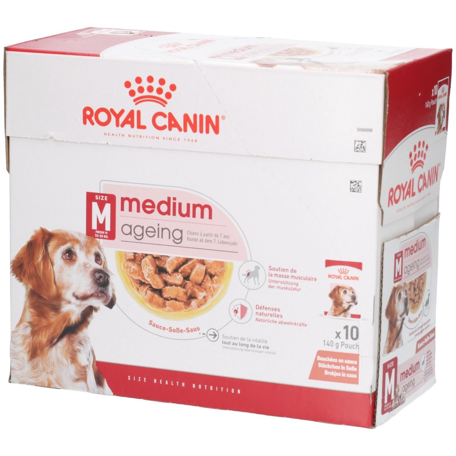 Royal Canin Medium Ageing Hundefutter-Box, 10x140g Beutel. Mit Bild eines älteren Hundes.