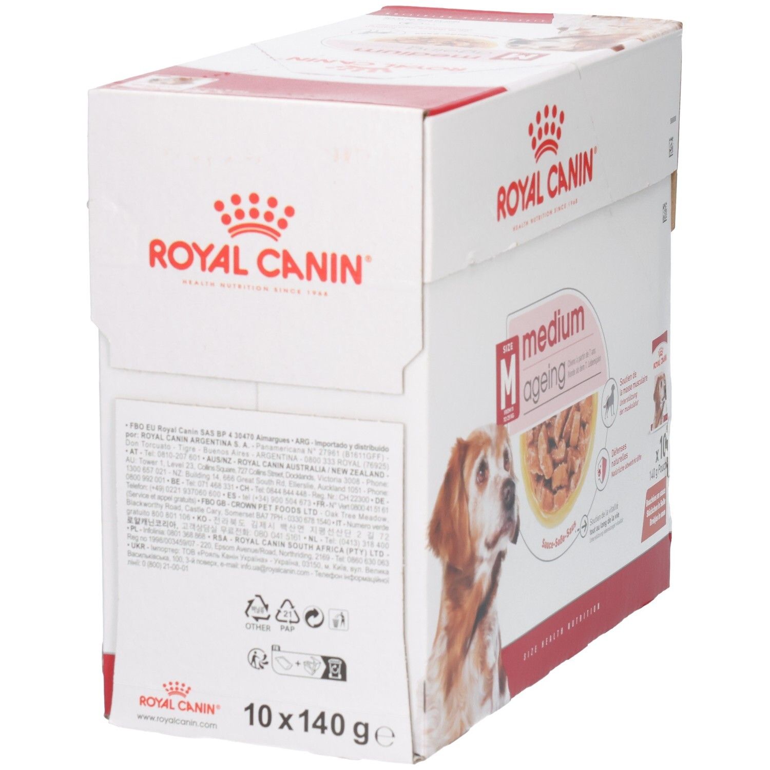 Rückseite der Royal Canin Medium Ageing Hundefutter-Box mit Fütterungshinweisen und Recycling-Symbolen.