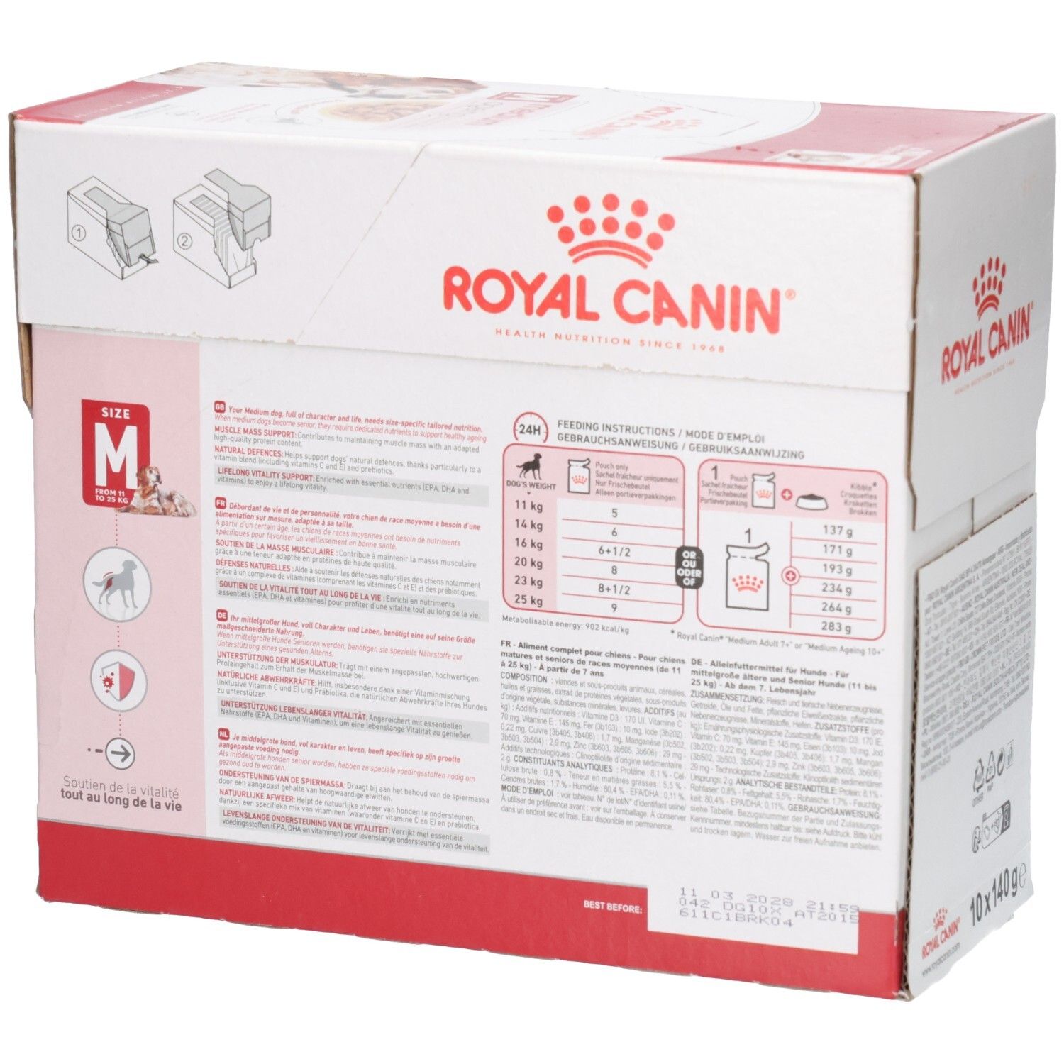 Seitenansicht der Royal Canin Medium Ageing Hundefutter-Box mit Fütterungstabelle und Produktinformationen.