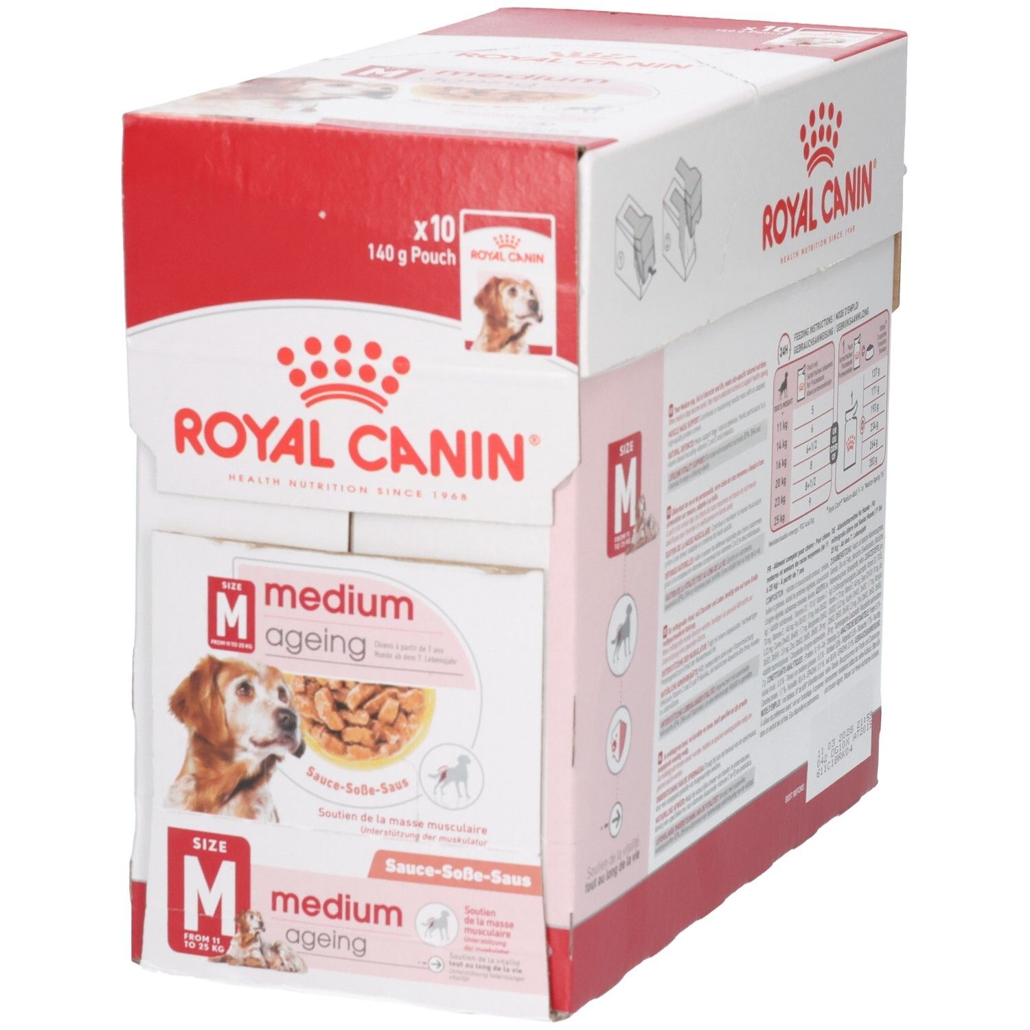 Vorderseite der Royal Canin Medium Ageing Hundefutter-Box, Grösse M, 10x140g Beutel. Mit Bild eines älteren Hundes.