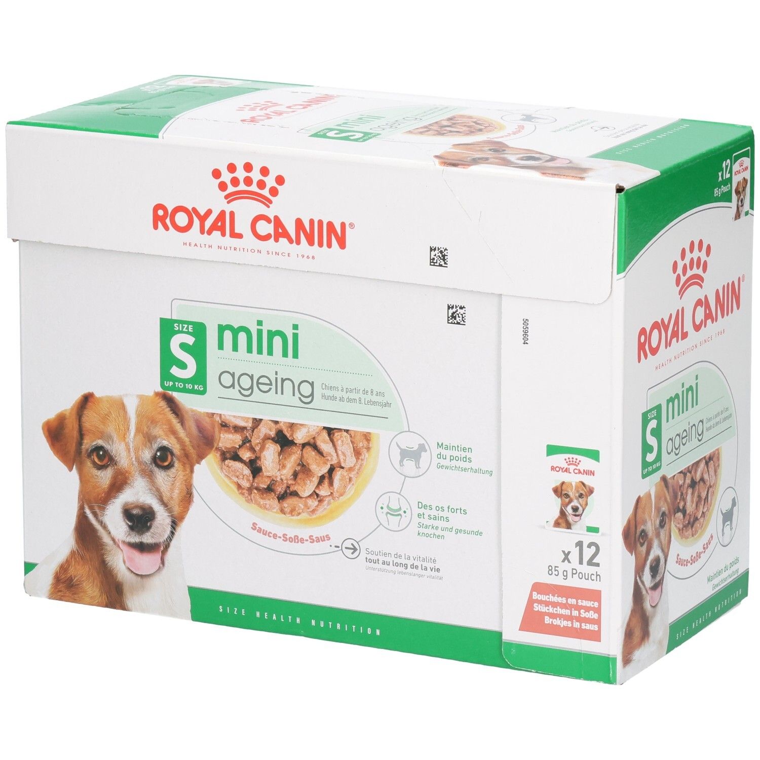 Royal Canin Mini Ageing 12x85g Pouch Karton, Vorderansicht mit Hund.