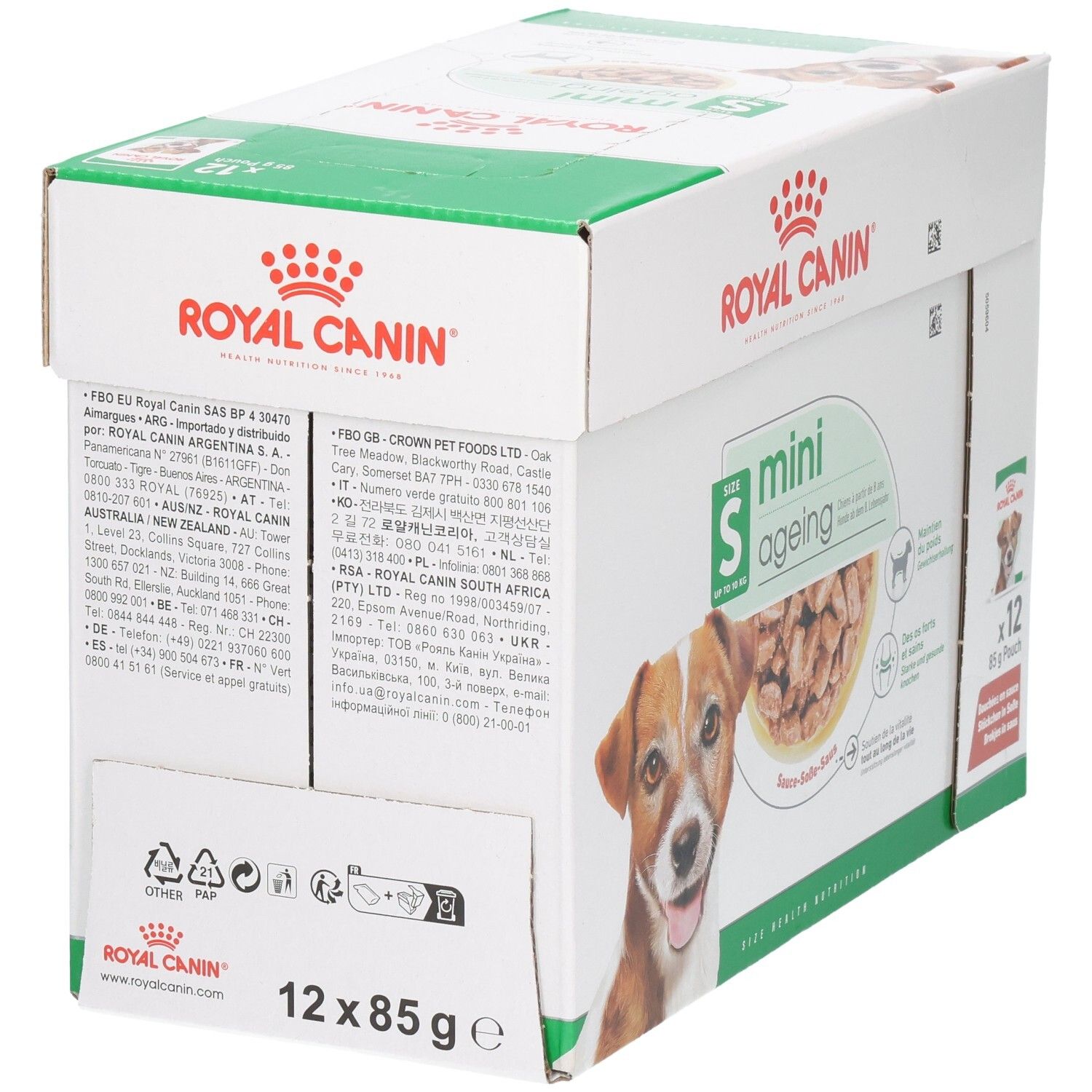 Royal Canin Mini Ageing 12x85g Pouch Karton, Seitenansicht.