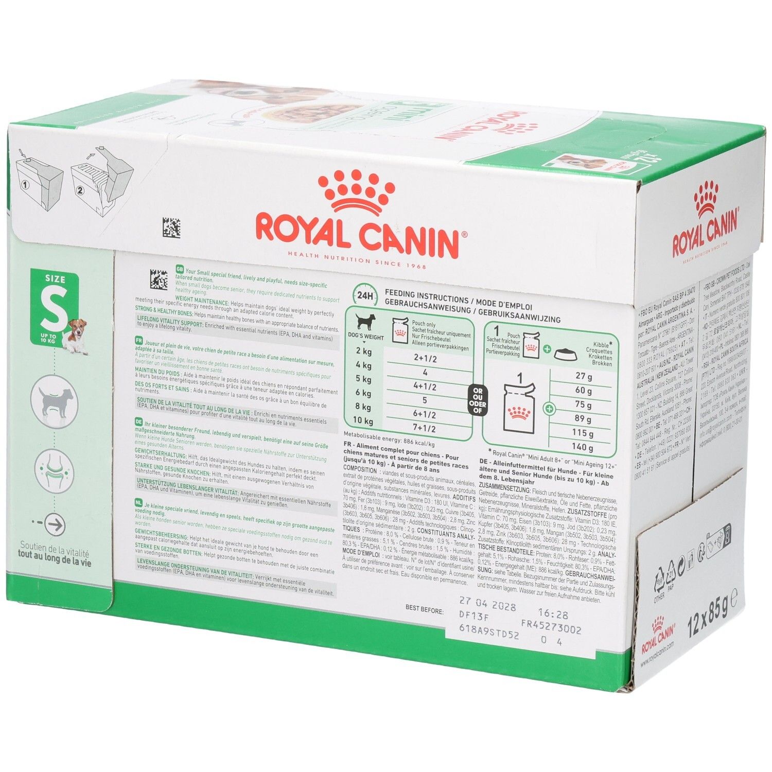 Royal Canin Mini Ageing 12x85g Pouch Karton, Rückseite mit Fütterungstabelle.