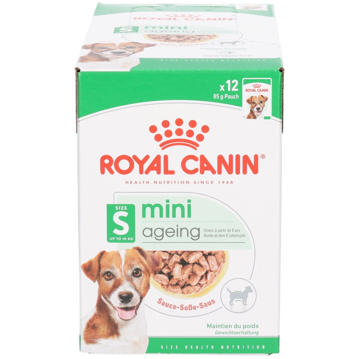 Royal Canin Mini Ageing 12x85g Pouch Karton, schräge Vorderansicht.