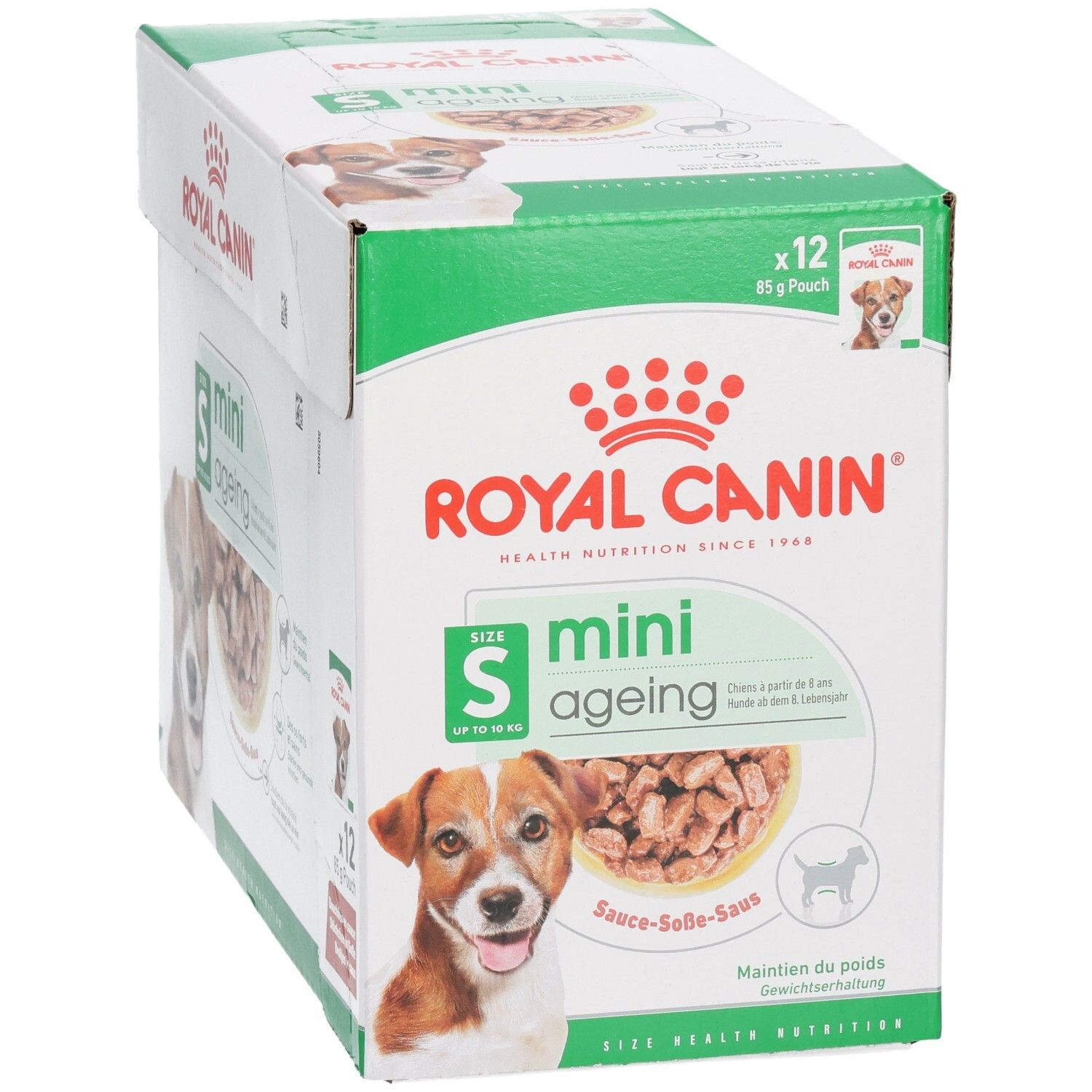 Royal Canin Mini Ageing 12x85g Pouch Karton, Detailansicht der Vorderseite.