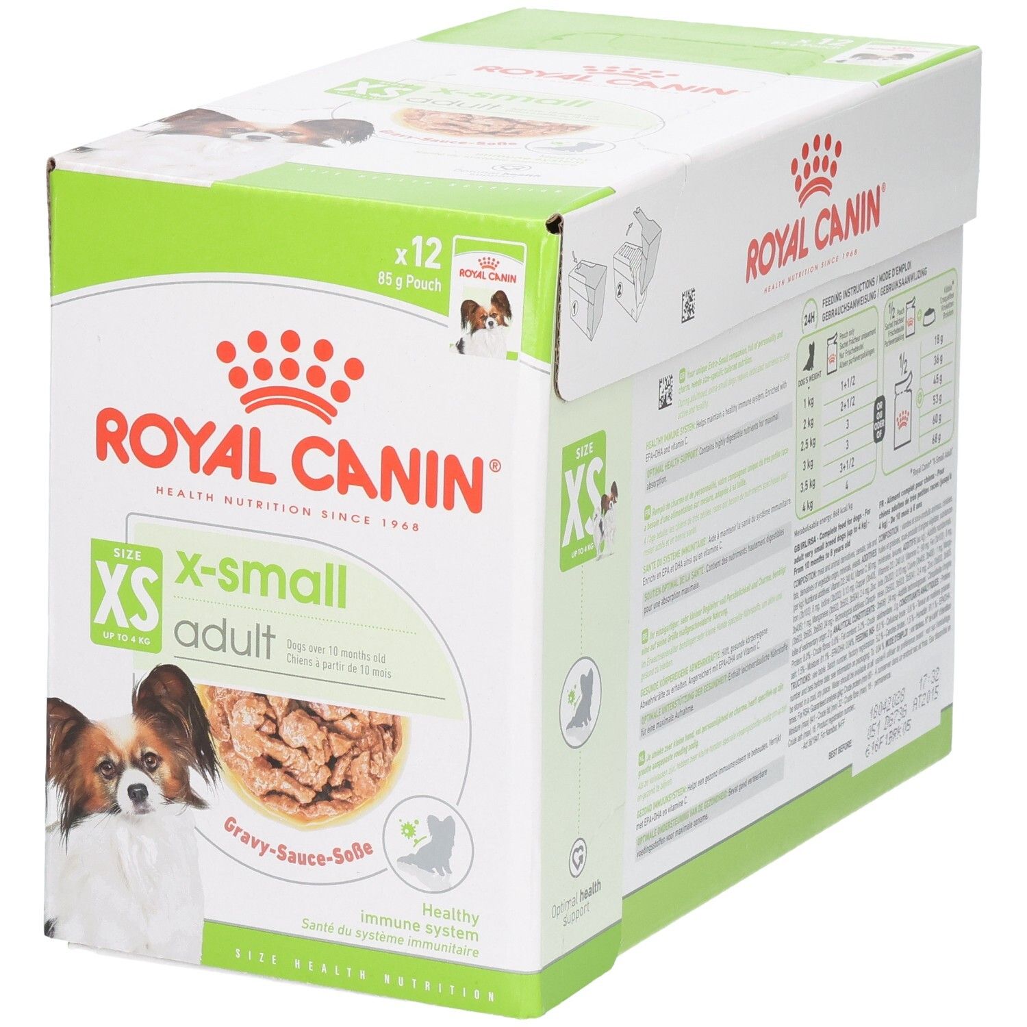 Royal Canin X-Small Adult Hundefutter-Box, 12x 85g Beutel. Enthält Bilder von Hunden und Futter.