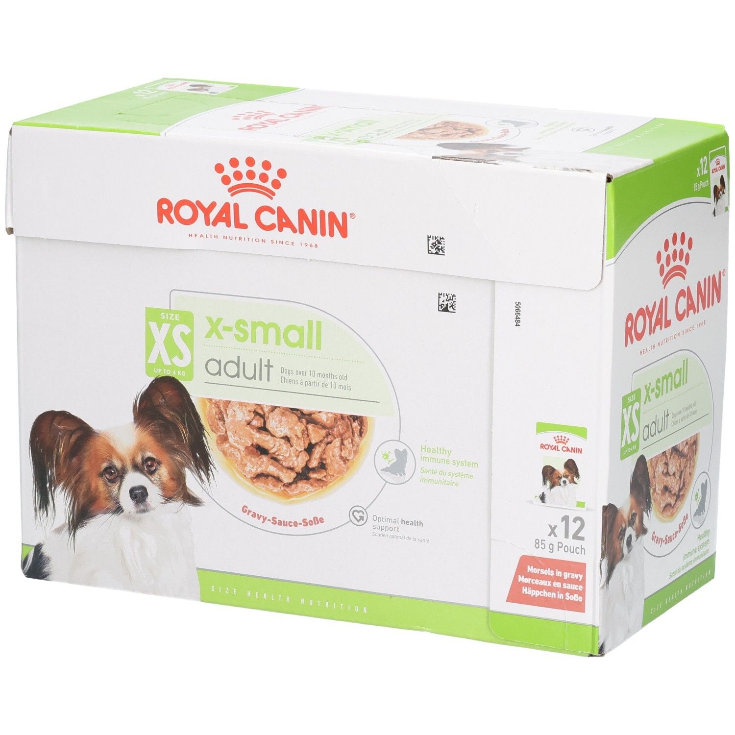 Royal Canin X-Small Adult Hundefutter-Box, 12x 85g Beutel. Seitenansicht mit Produktinformationen.