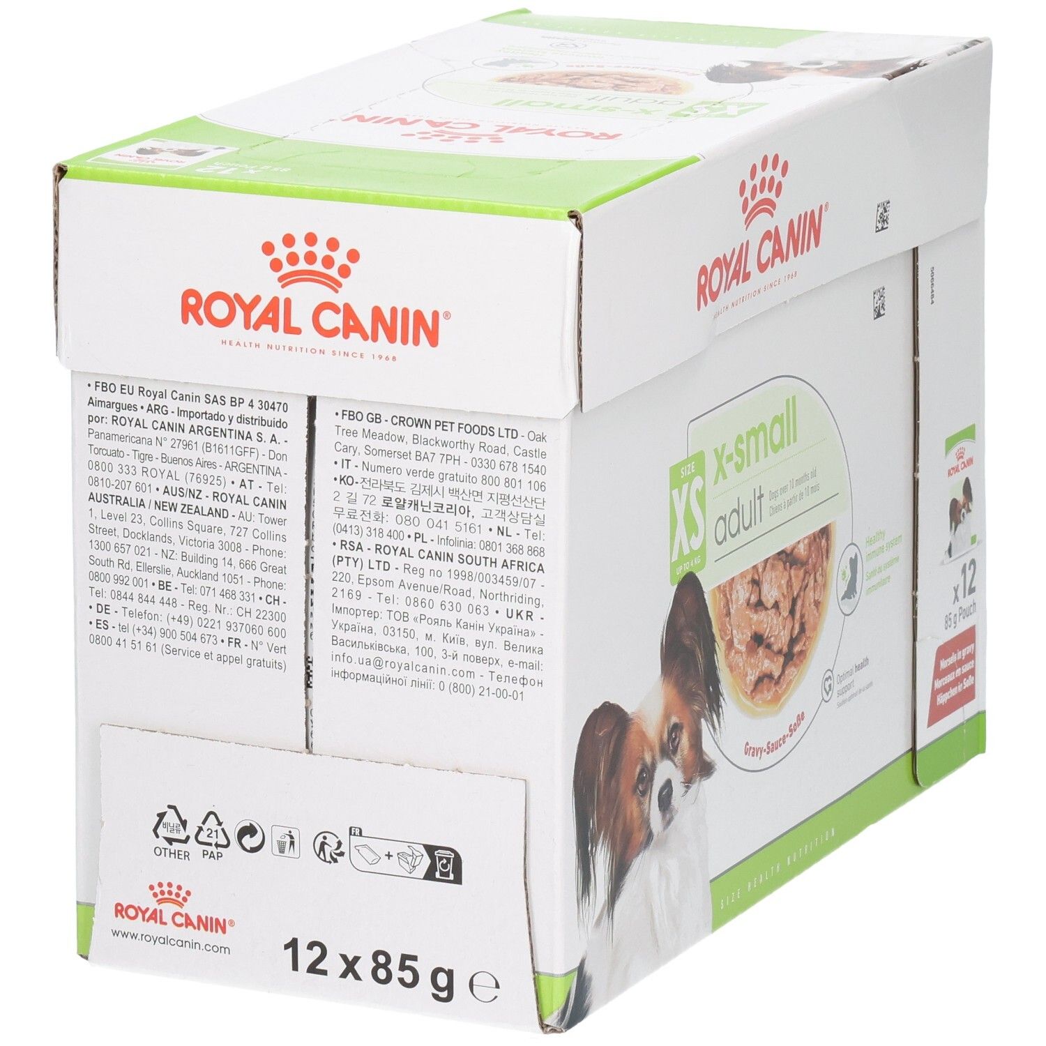 Rückseite der Royal Canin X-Small Adult Hundefutter-Box, 12x 85g Beutel. Mit Adressinformationen und Recycling-Symbolen.
