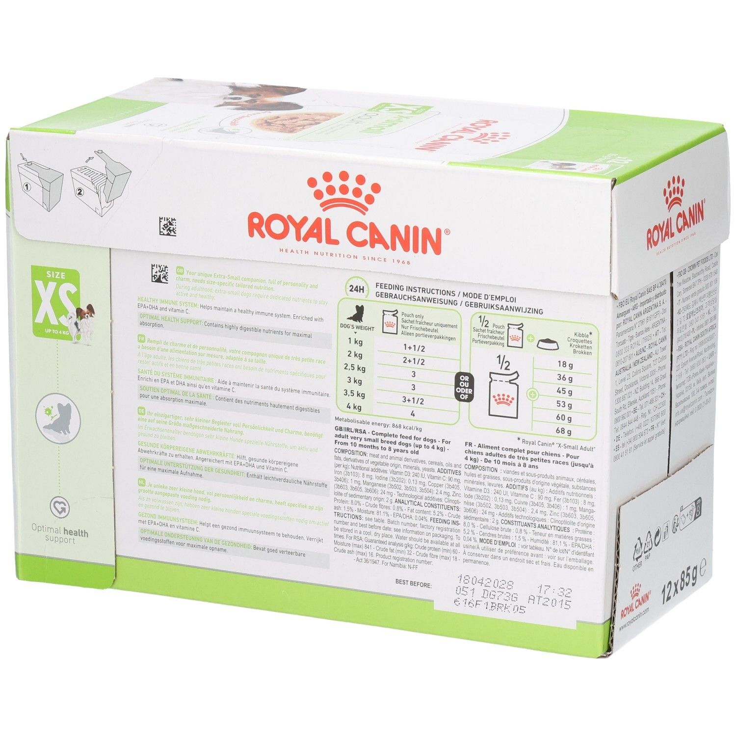 Seitenansicht der Royal Canin X-Small Adult Hundefutter-Box, 12x 85g Beutel. Mit Fütterungshinweisen und Produktmerkmalen.