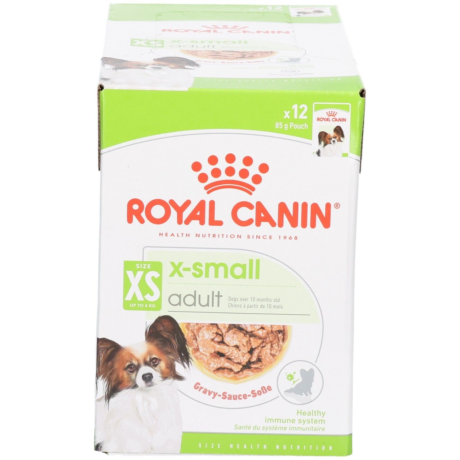 Vorderseite der Royal Canin X-Small Adult Hundefutter-Box, 12x 85g Beutel. Mit Hundebild und Produktbezeichnung.