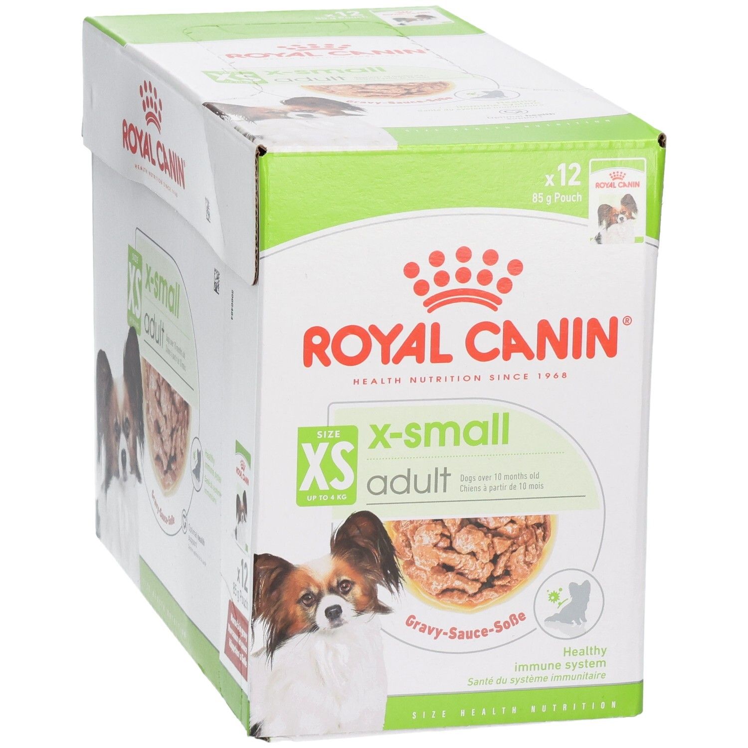Royal Canin X-Small Adult Hundefutter-Box, 12x 85g Beutel. Schrägansicht mit Fokus auf die Vorderseite.