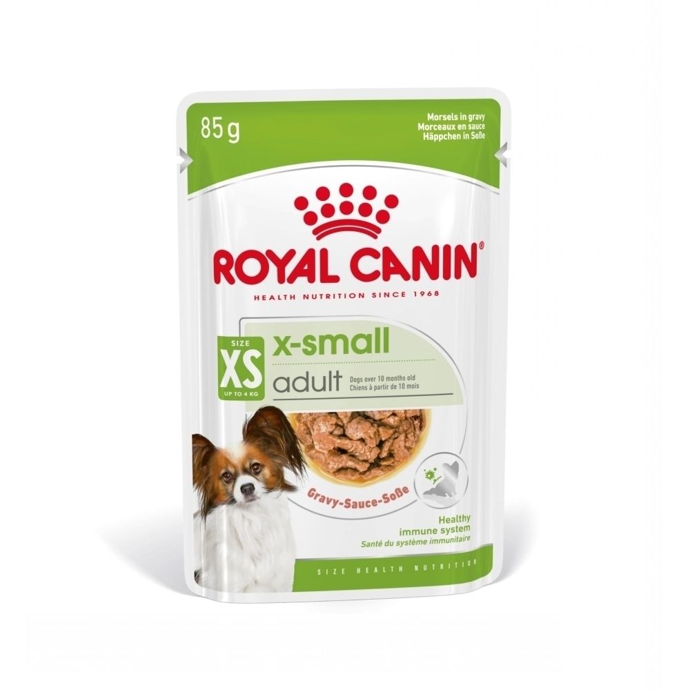 Sachet de nourriture Royal Canin X-Small Adult pour chien, 85g. Avec image de chien et de nourriture.