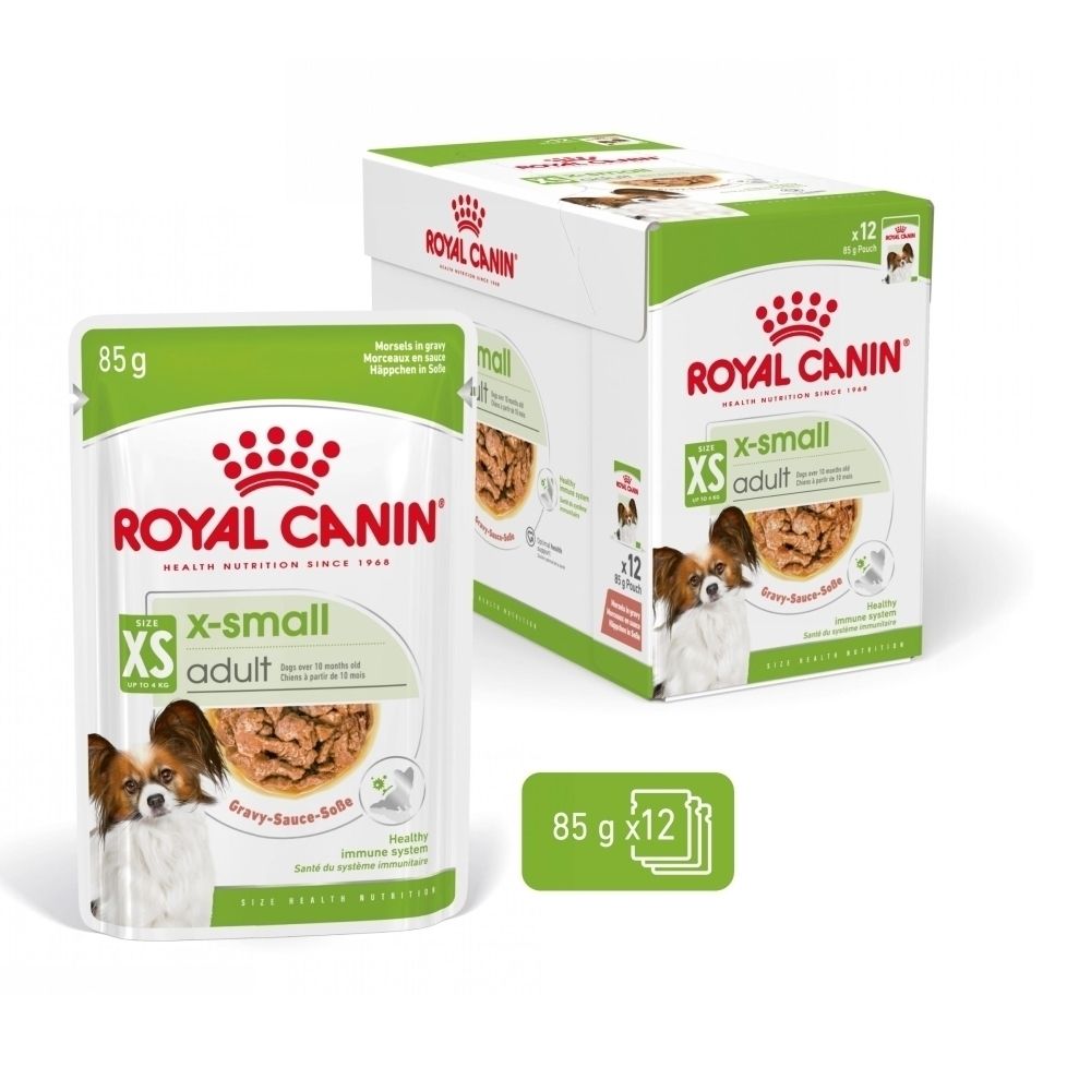 Boîte et sachet de nourriture Royal Canin X-Small Adult pour chien. 12 sachets de 85g dans la boîte.