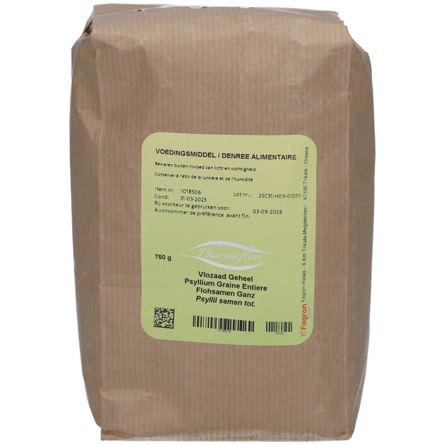 Braune Papiertüte mit grünem Etikett. Text: Pharmaflore, Flohsamen Ganz, 750 g. Aufdrucke in Niederländisch und Französisch.