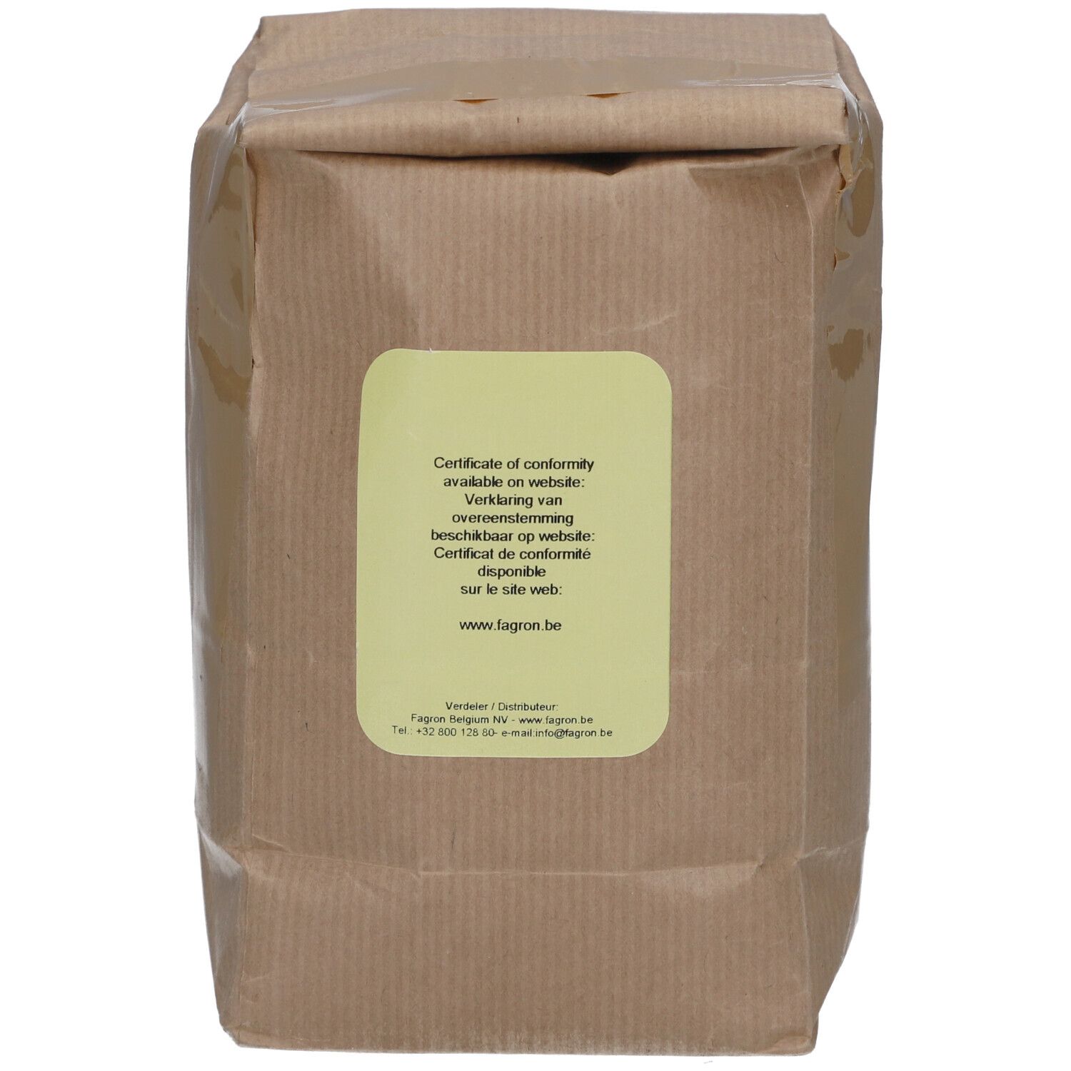 Braune Papiertüte, teilweise transparent verpackt. Gelbes Etikett mit Text in Niederländisch und Französisch. Website-Adresse.