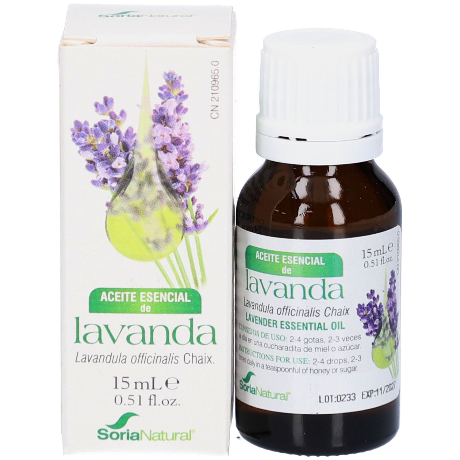 Produktverpackung und Flasche. Verpackung mit Lavendel-Illustration und Produktinformationen. Flasche daneben.