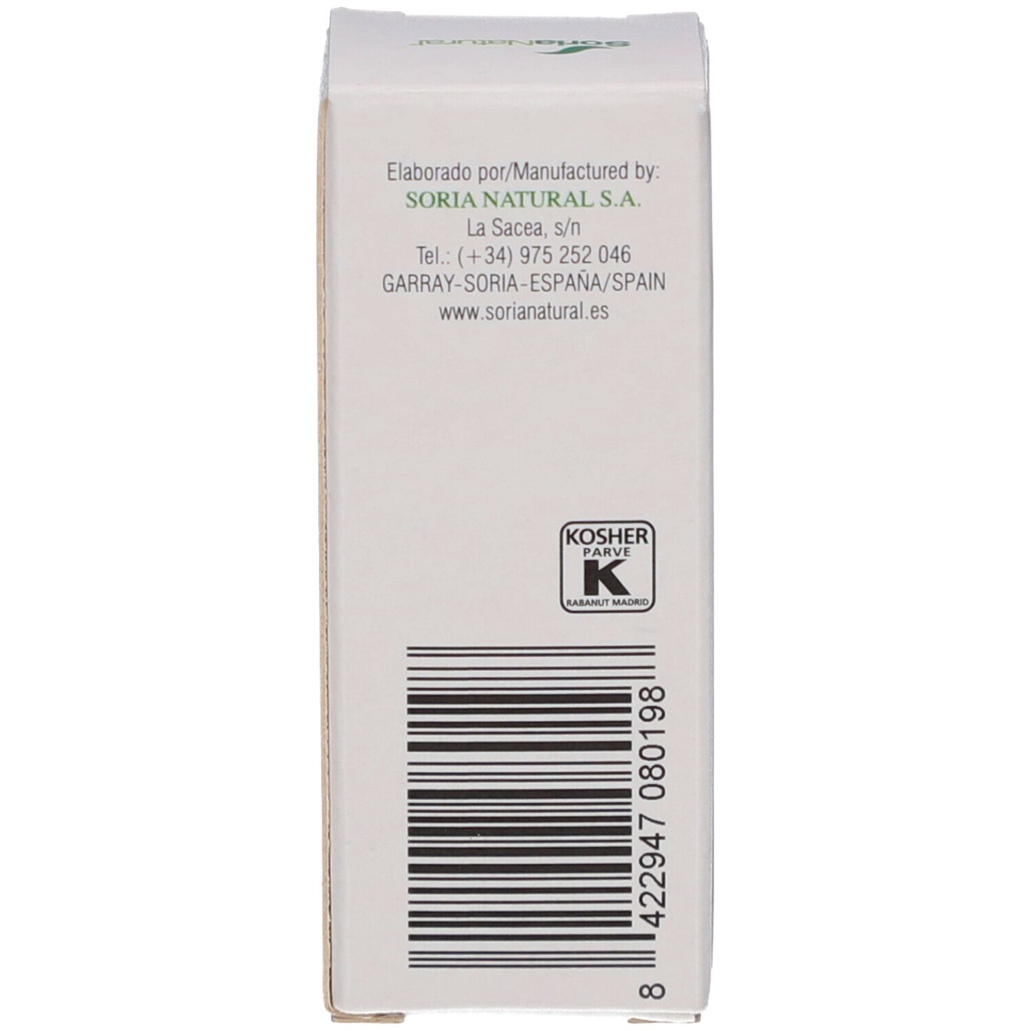 Seite der Produktverpackung mit Barcode, Herstellerinformationen und Kosher-Zertifizierung.