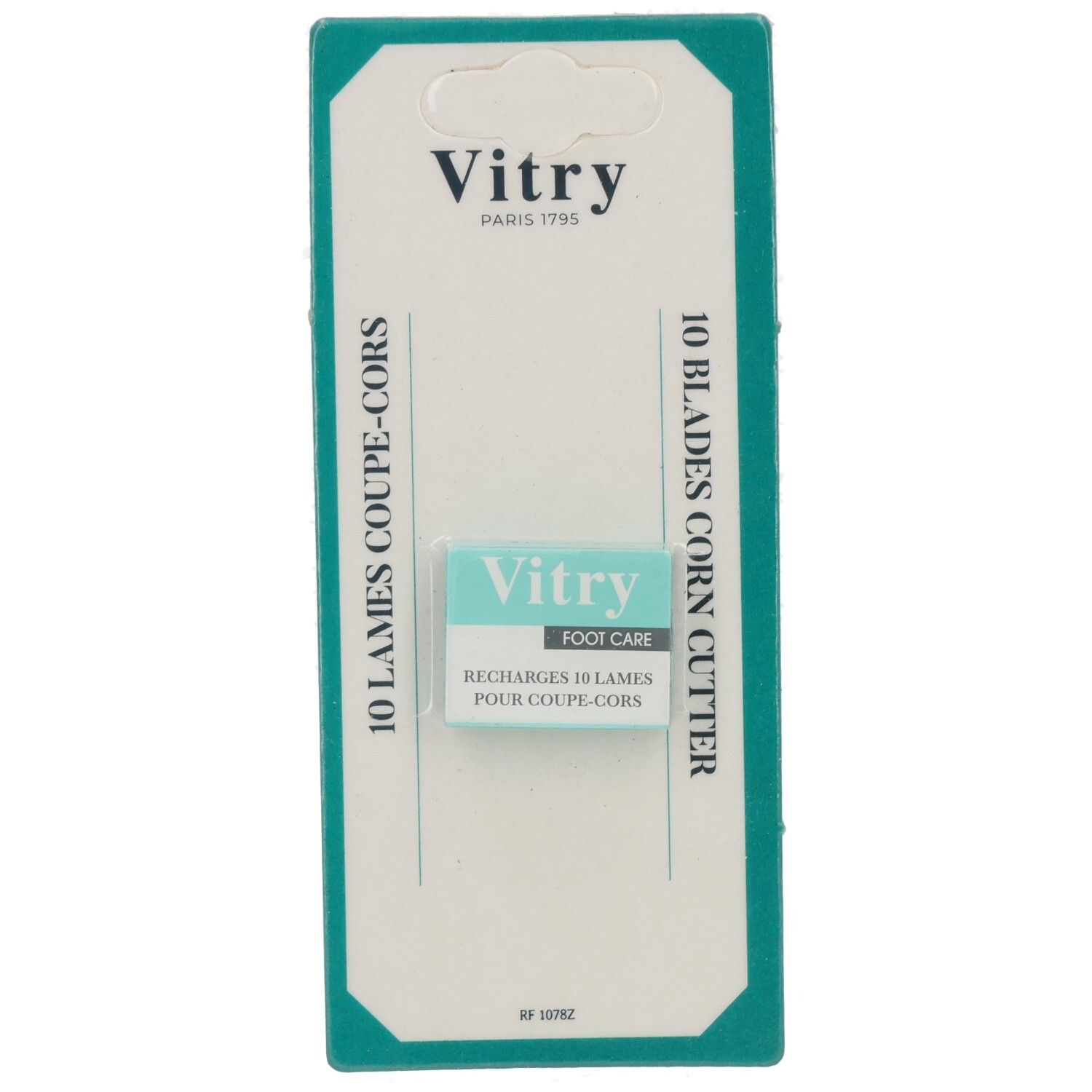 Emballage turquoise et blanc de recharges Vitry Foot Care. Le nom et le texte du produit sont clairement visibles.