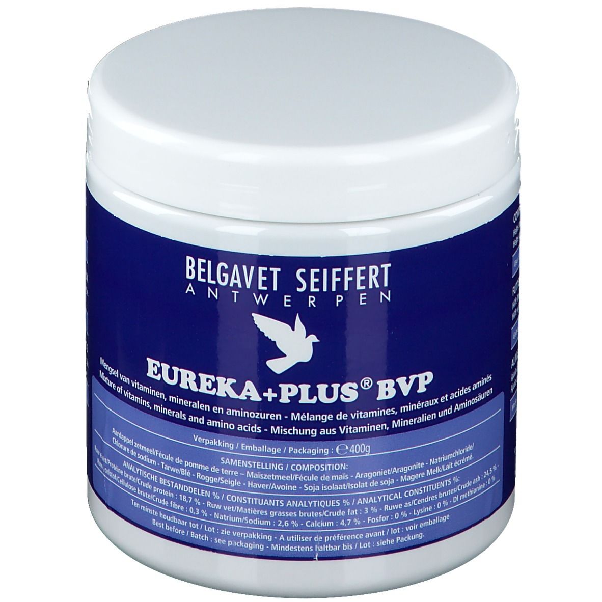 Weißer Behälter mit blauem Etikett. Aufschrift: BELGAVET SEIFFERT ANTWERPEN, EUREKA+PLUS® BVP. Enthält Vitamine, Mineralien und Aminosäuren.