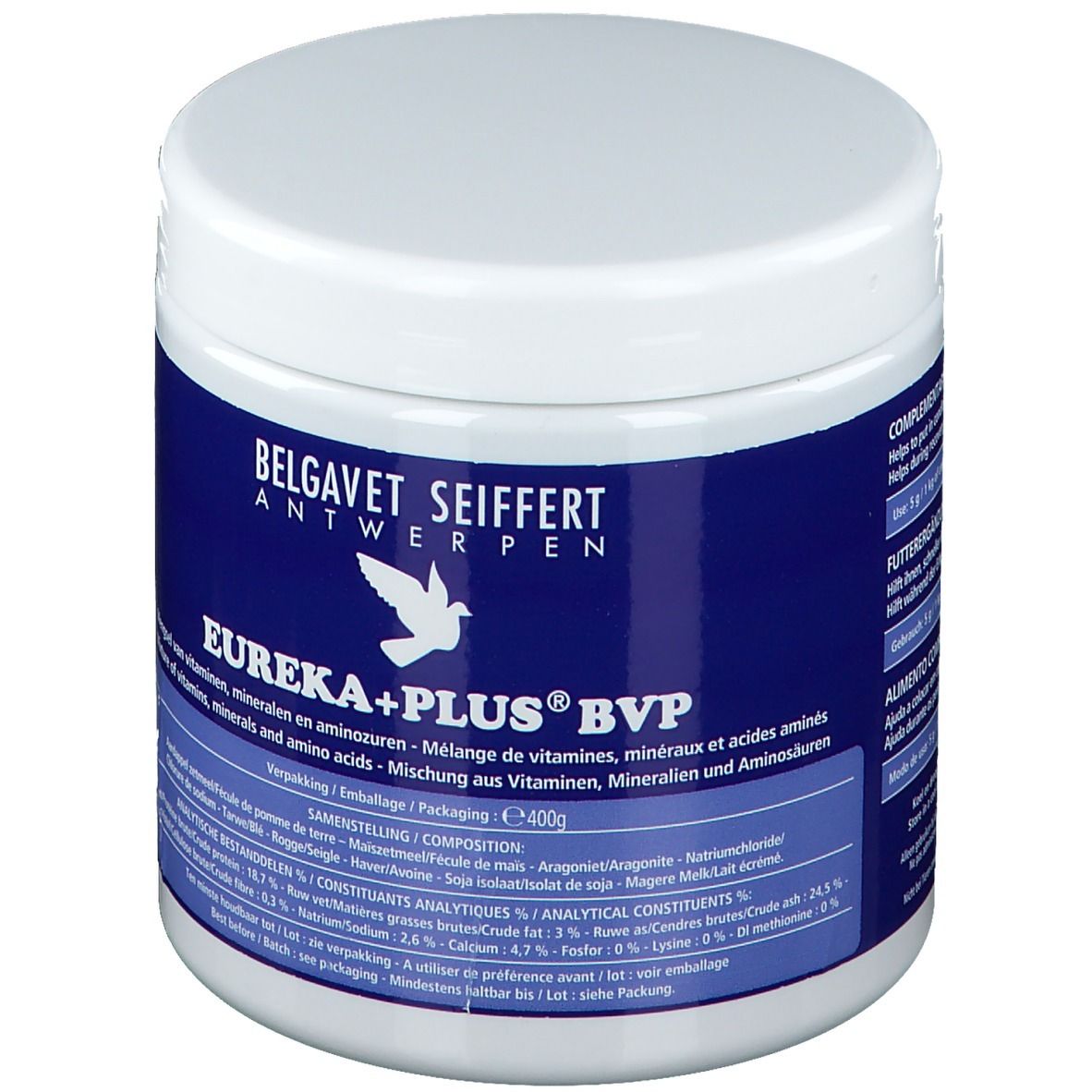 Weißer Behälter mit blauem Etikett. Aufschrift: BELGAVET SEIFFERT ANTWERPEN, EUREKA+PLUS® BVP. Enthält Vitamine, Mineralien und Aminosäuren.