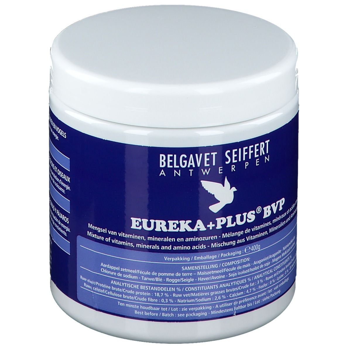 Weißer Behälter mit blauem Etikett. Aufschrift: BELGAVET SEIFFERT ANTWERPEN, EUREKA+PLUS® BVP. Enthält Vitamine, Mineralien und Aminosäuren.