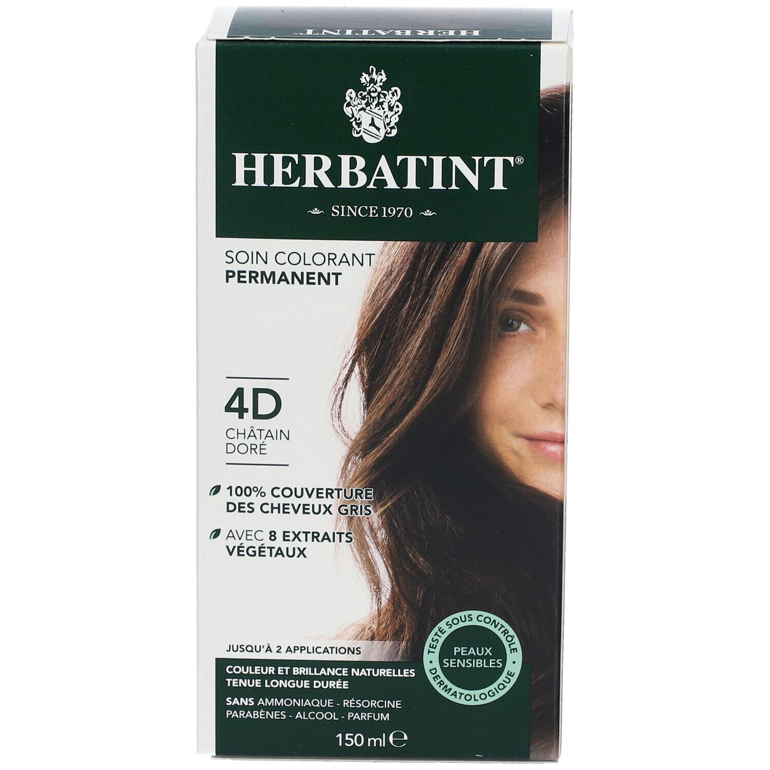 Boîte HERBATINT®. 4D Châtain Doré. Coloration permanente. Couvre 100% des cheveux gris. Avec 8 extraits végétaux. Testé dermatologiquement. 150 ml.