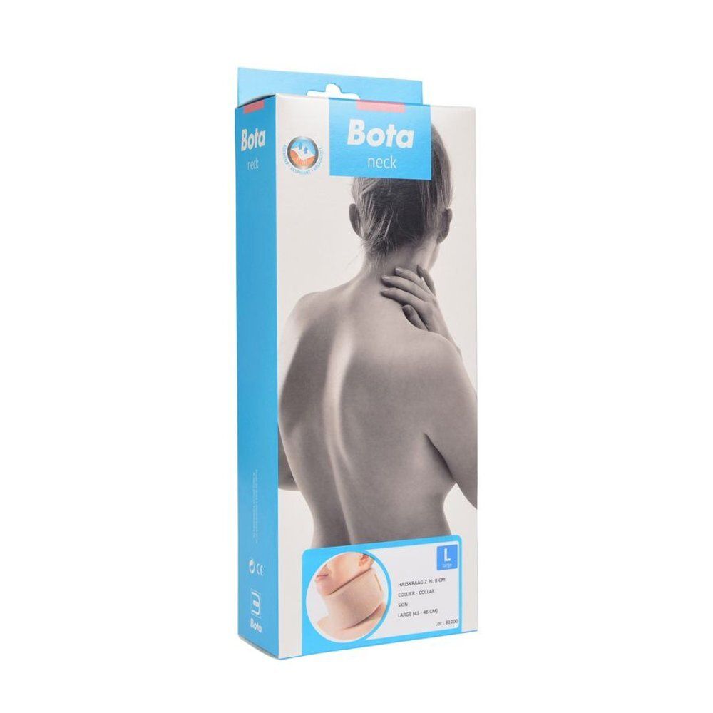 Emballage du produit avec collier cervical. Une femme se tenant le cou est représentée sur l'emballage. Le texte "Bota neck" est visible.