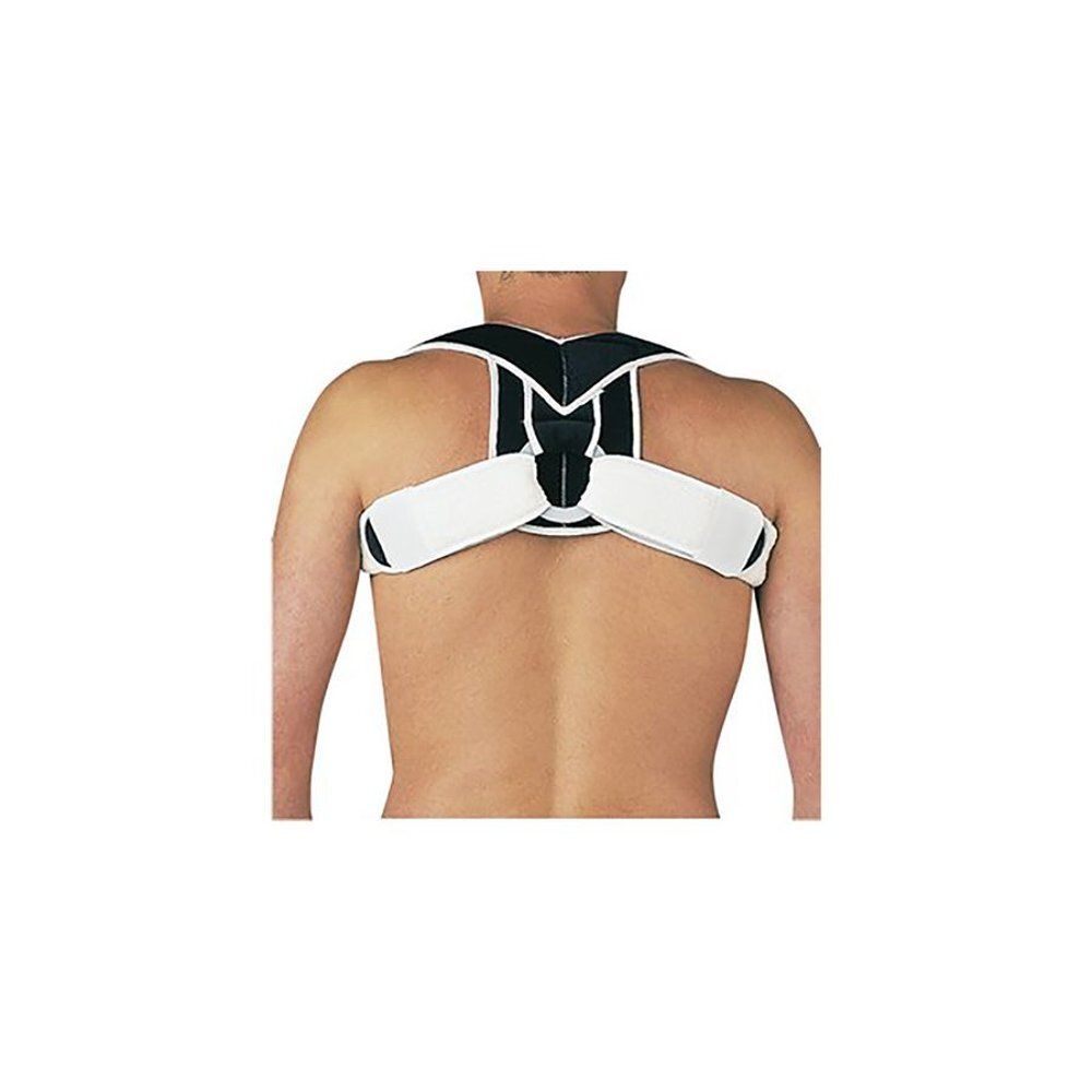 Orthèse d'épaule blanche et noire sur le dos d'une personne. Bretelles rembourrées et bande pectorale.