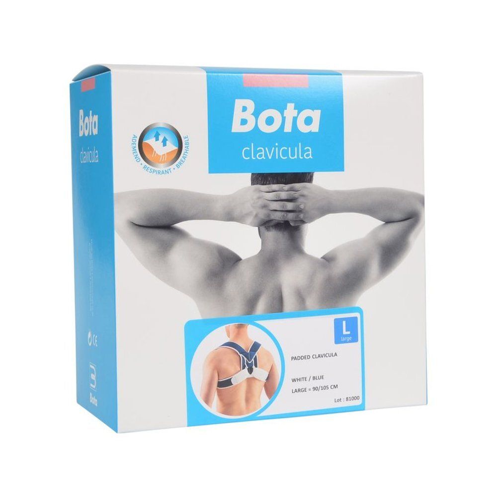 Emballage de l'attelle Bota clavicule. Image du produit, taille L, coloris blanc/bleu.