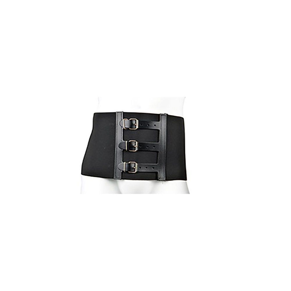 Ceinture noire avec trois boucles. Matériau noir, détails en cuir. Sur fond blanc.