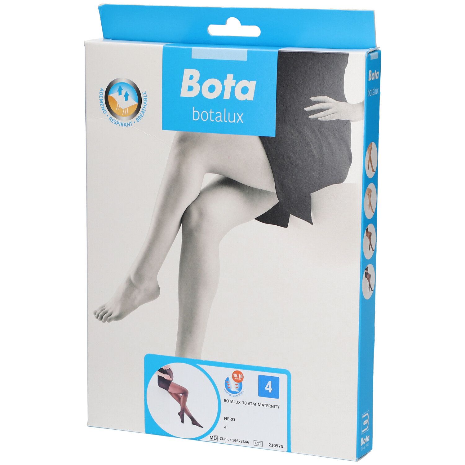 Verpackung von Bota Botalux 70 Mutterschafts-ATM, Größe 4. Abbildung von Beinen. Produktname und Größe deutlich sichtbar.