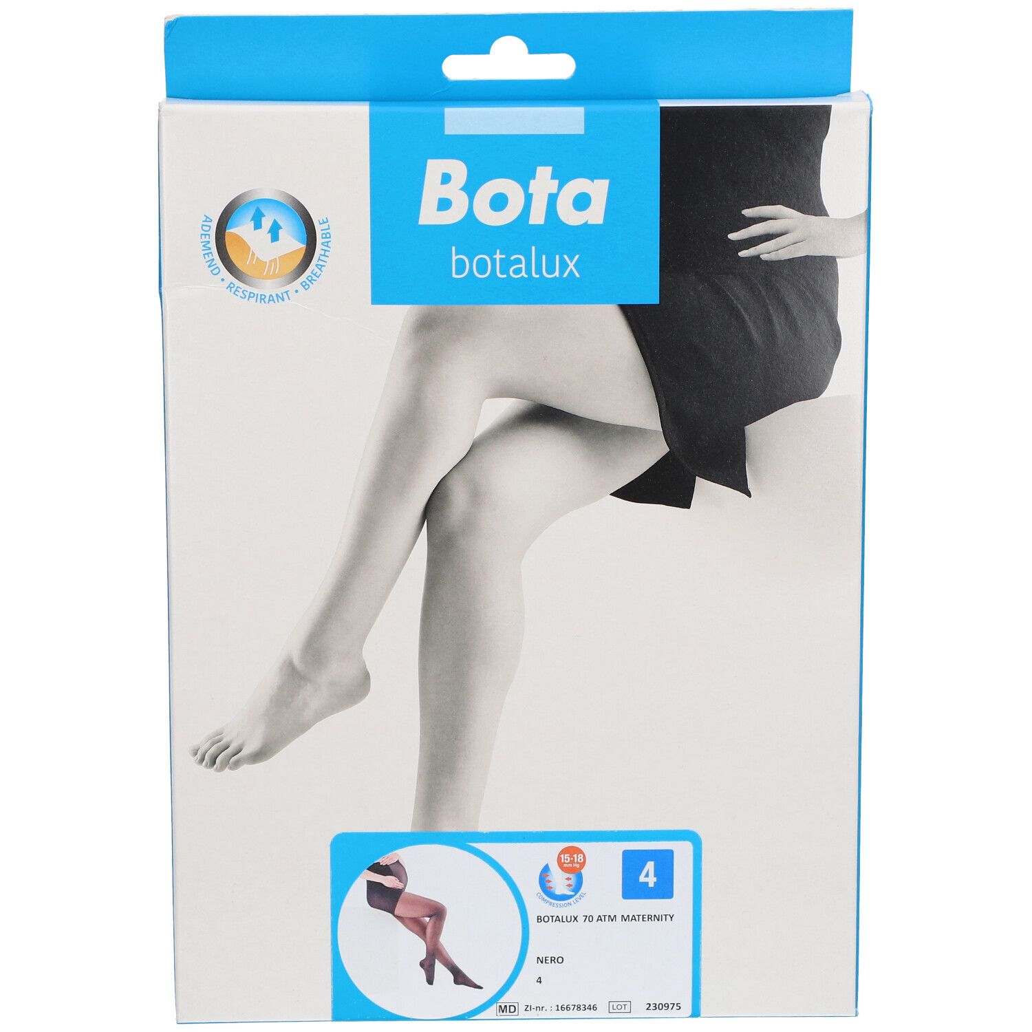 Vorderansicht der Bota Botalux 70 Mutterschafts-ATM Verpackung. Produktname, Größe 4 und Illustration von Beinen.