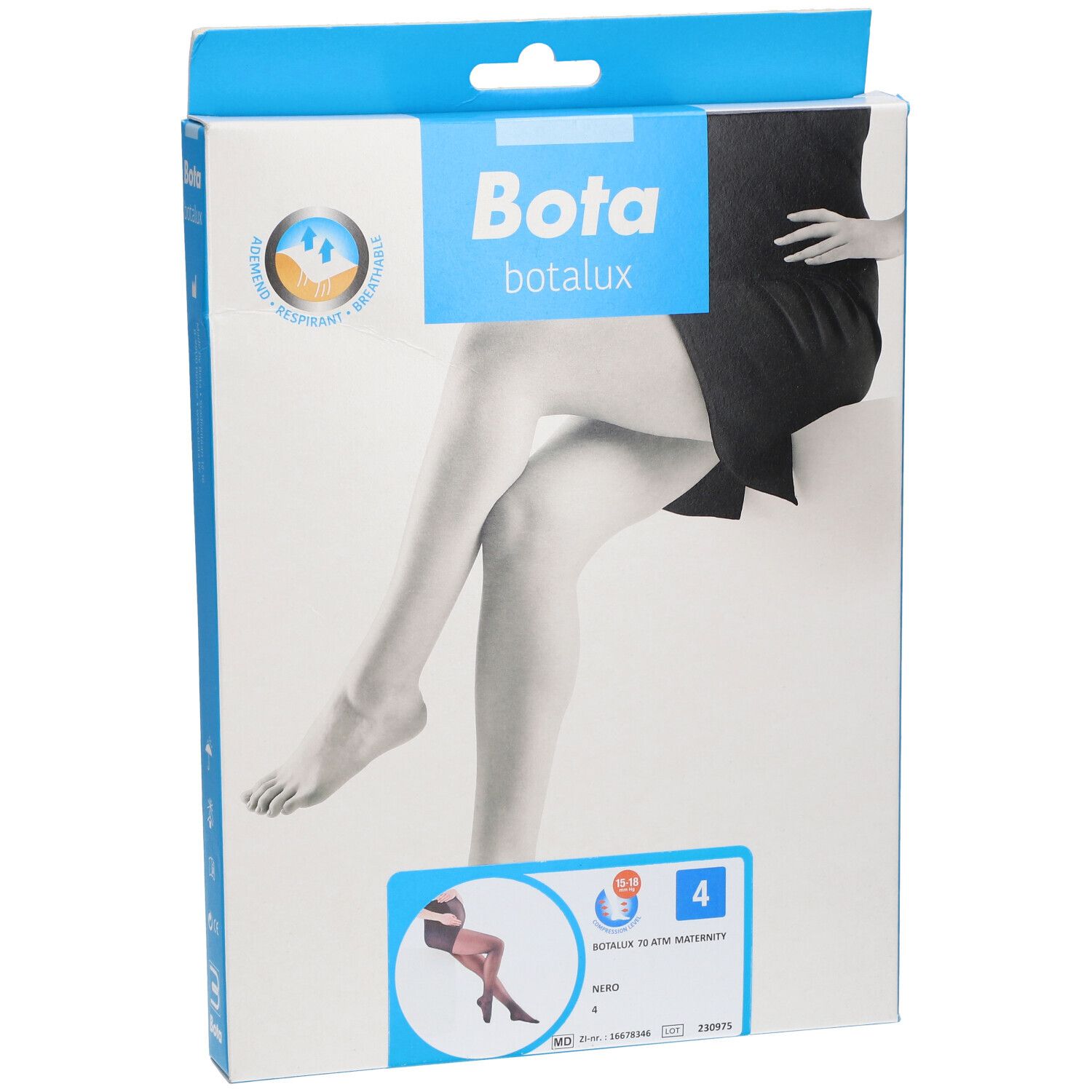 Vorderansicht der Bota Botalux 70 Mutterschafts-ATM Verpackung. Produktname, Größe 4 und Illustration von Beinen.