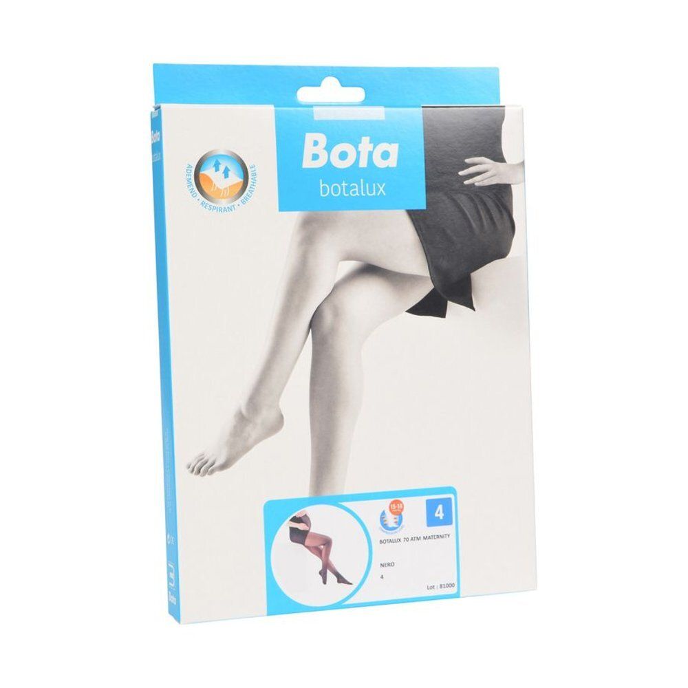 Emballage Bota Botalux. Inscription : Bota Botalux, taille 4, maternité. Illustration : jambes en collants.