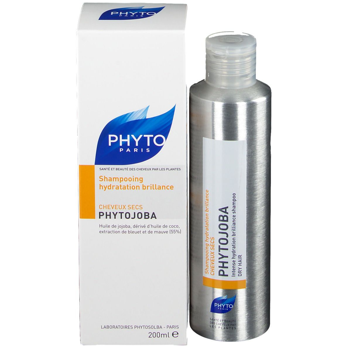 Flacon de shampooing et boîte. Flacon : argenté, étiquette avec texte. Boîte : blanche, logo bleu, texte.