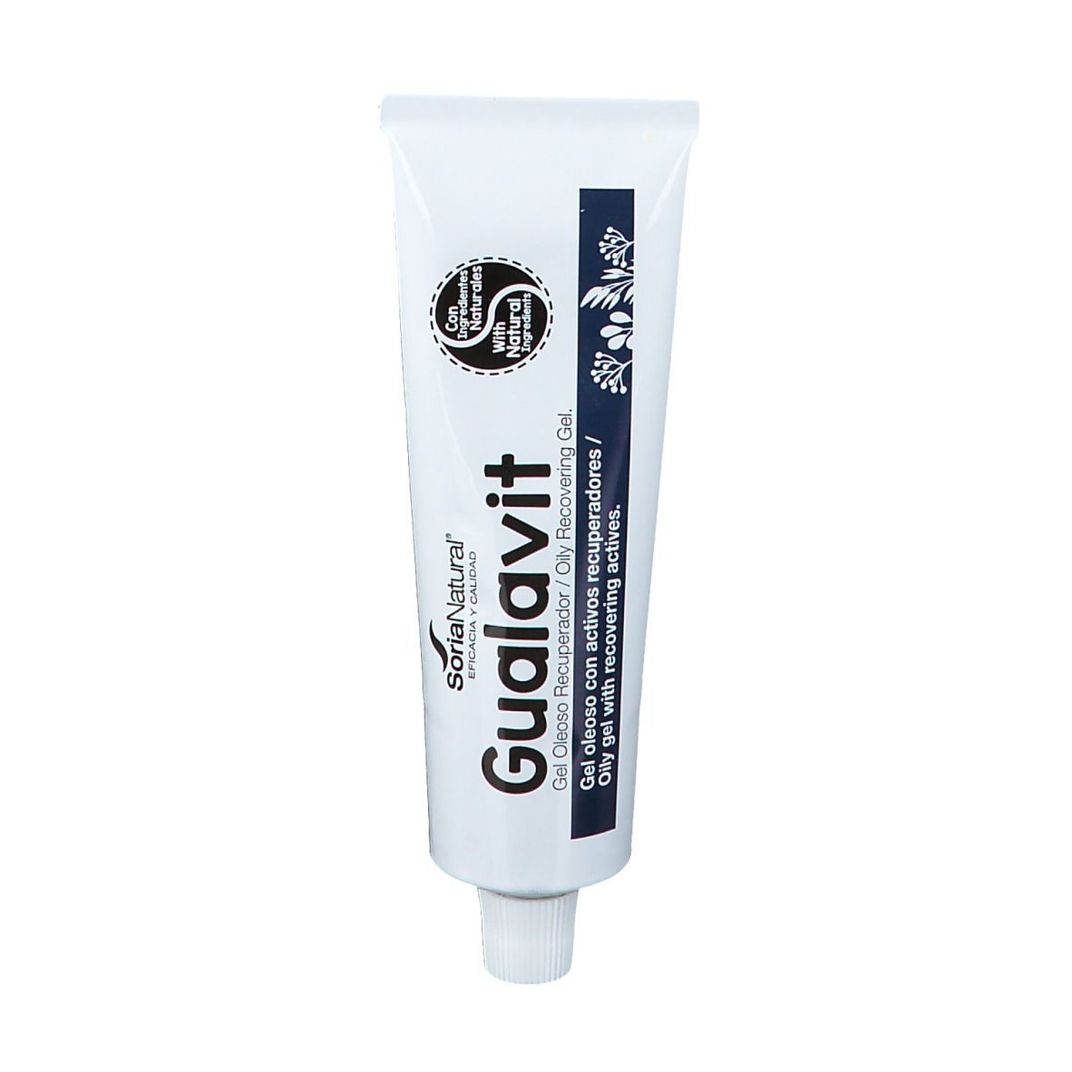 Weiße Tube mit Gualavit-Aufdruck. Soria Natural Logo. Gel für die Haut. Mit natürlichen Inhaltsstoffen.