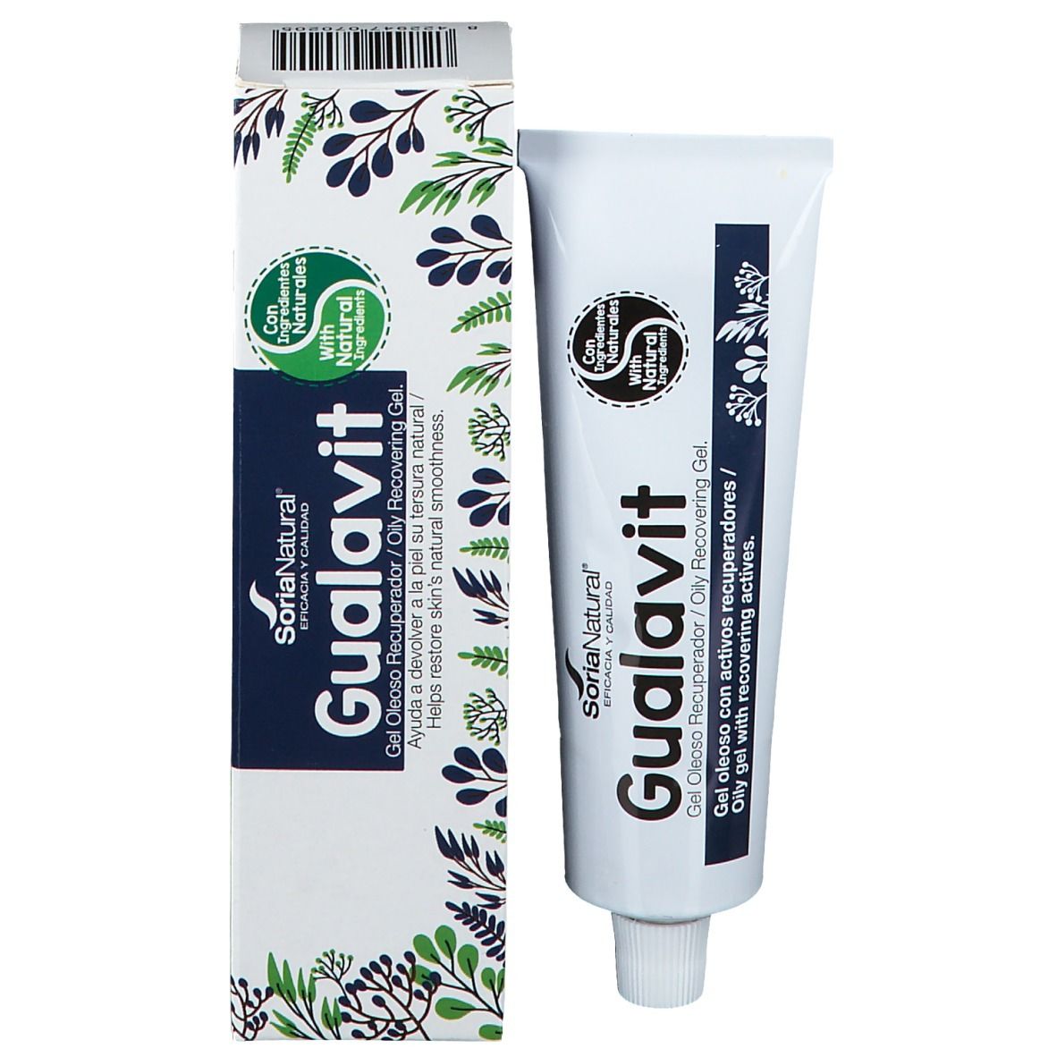Produktverpackung mit Tube. Gualavit-Gel und Schachtel. Soria Natural Logo. Mit natürlichen Inhaltsstoffen.