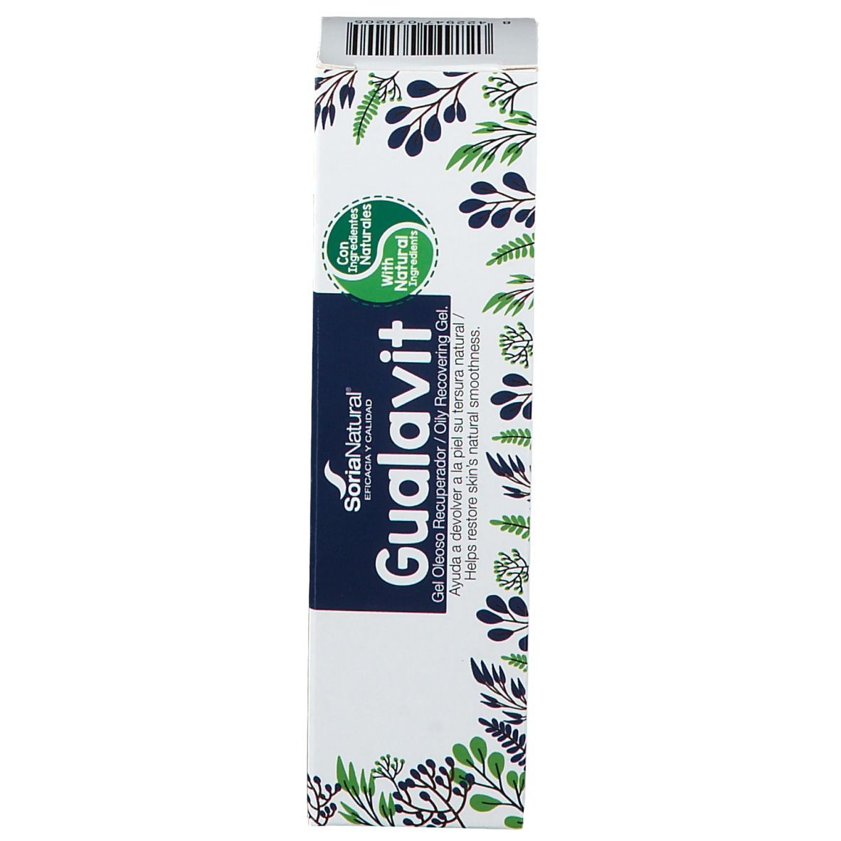 Produktverpackung. Gualavit-Gel-Schachtel. Soria Natural Logo. Mit natürlichen Inhaltsstoffen. Barcode oben.