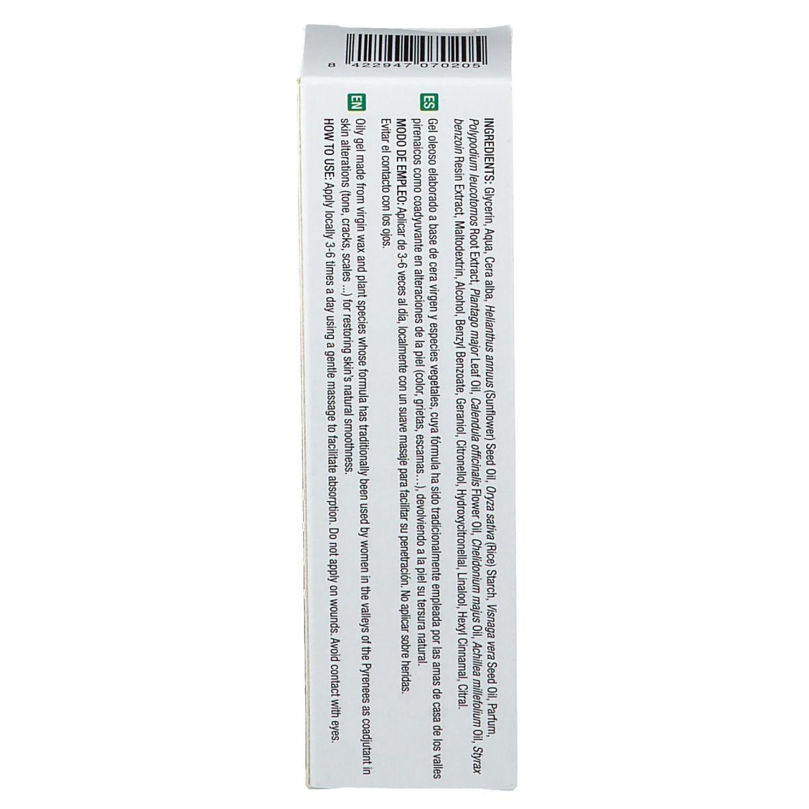 Rückseite der Produktverpackung. Inhaltsstoffe und Anwendungshinweise. Text in mehreren Sprachen.