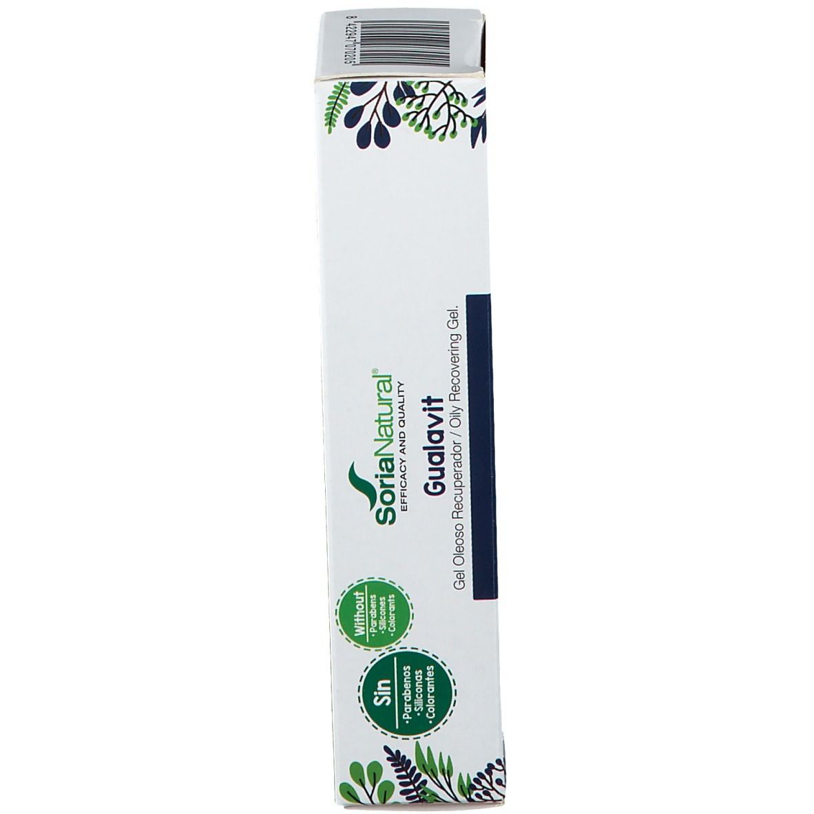 Seitenansicht der Produktverpackung. Gualavit-Gel. Soria Natural Logo. Ohne Silikone und Farbstoffe.