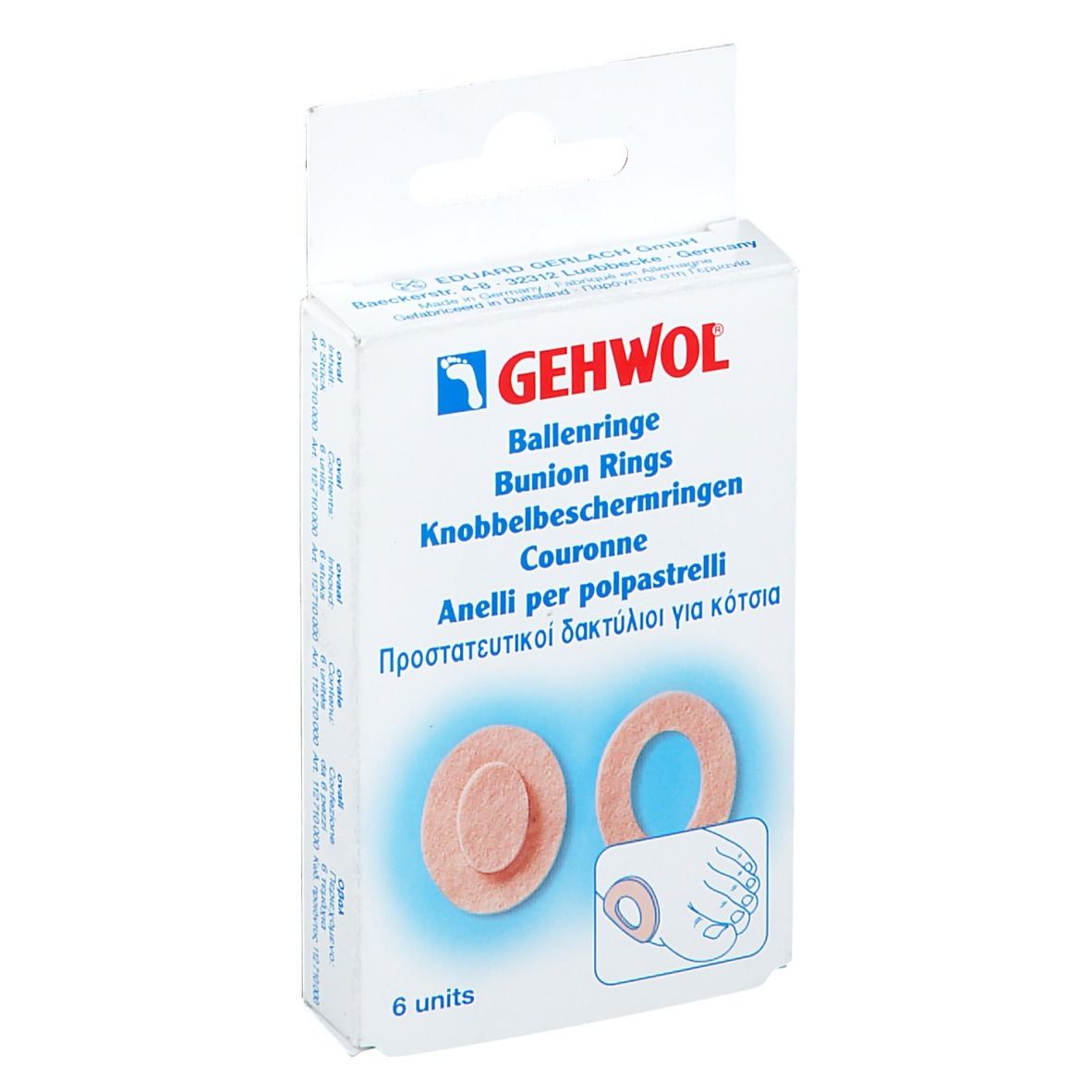 Verpackung mit GEHWOL Ballenringe. Sechs ovale Ringe, rosa, mit Illustration. Produktname und Logo deutlich sichtbar.