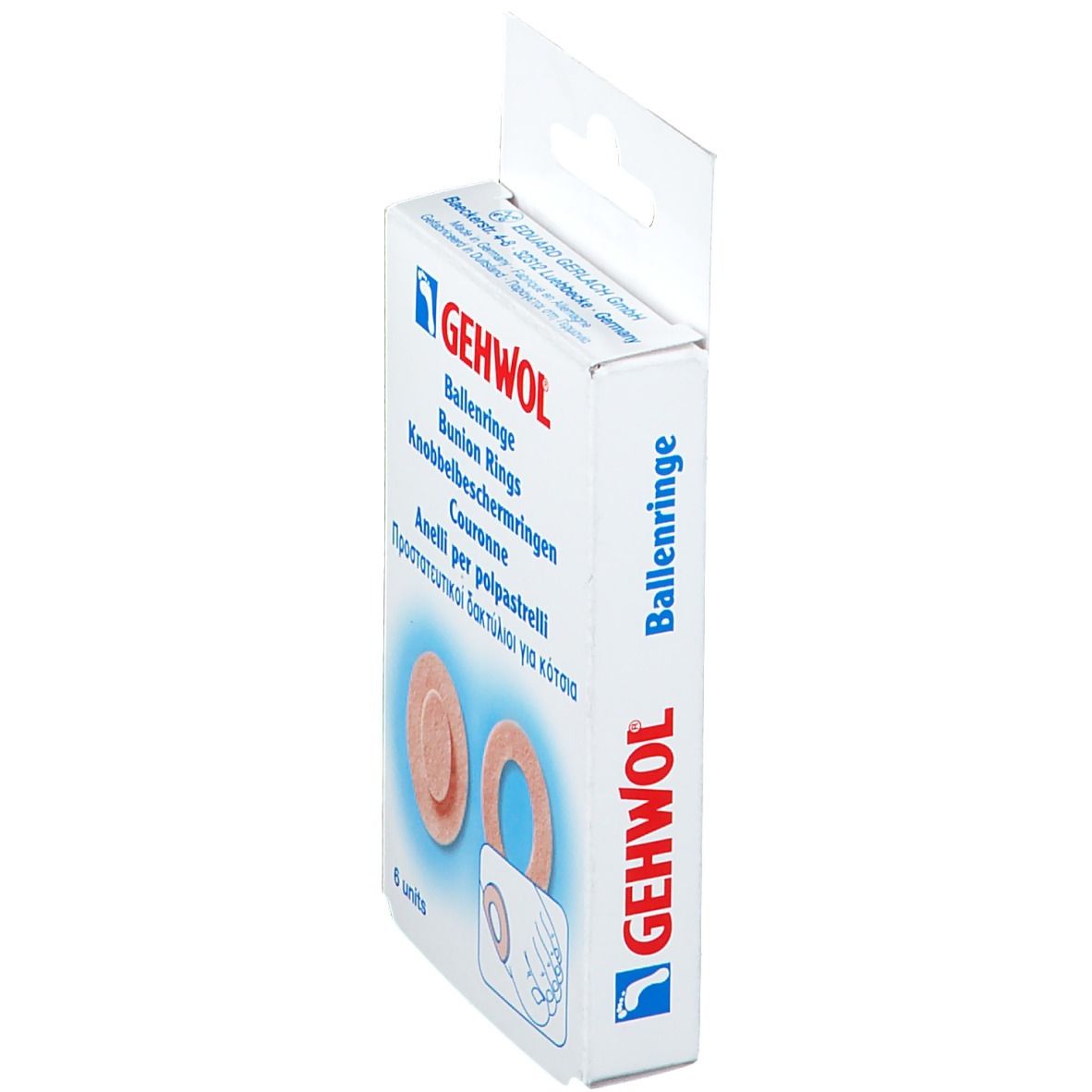 Verpackung GEHWOL Ballenringe, seitliche Ansicht. Sechs ovale Ringe, rosa. Produktname und Logo sichtbar. Aufhänger.