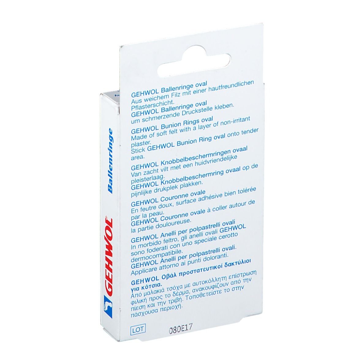 Rückseite der GEHWOL Ballenringe Verpackung. Produktname in mehreren Sprachen. Textinformationen. Aufhänger.