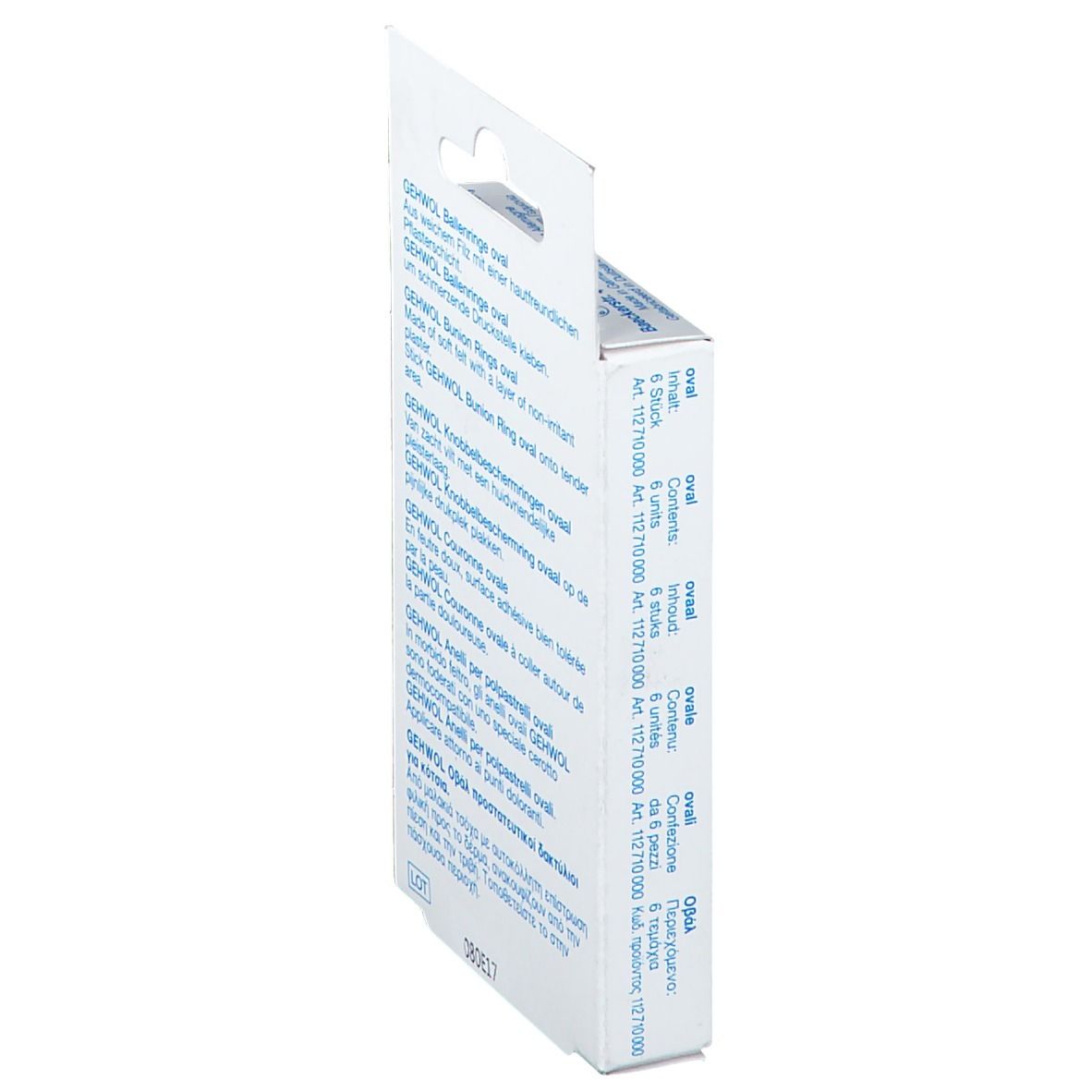 Seitenansicht der GEHWOL Ballenringe Verpackung. Produktname und Inhalt in mehreren Sprachen. Aufhänger.