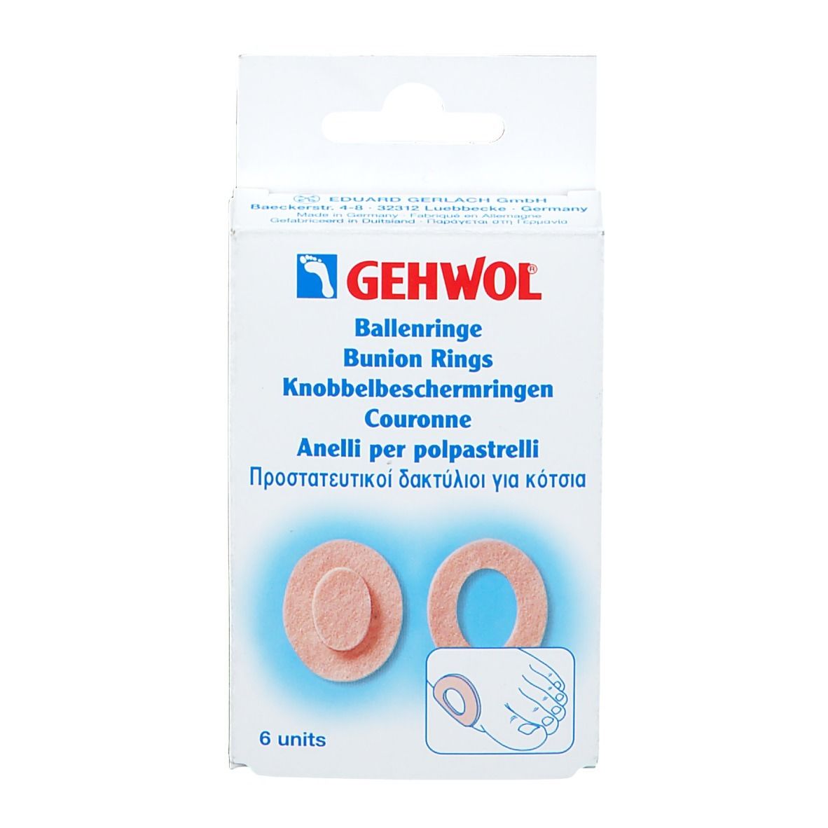 Verpackung mit GEHWOL Ballenringe. Sechs ovale Ringe, rosa, mit Illustration. Produktname und Logo deutlich sichtbar.